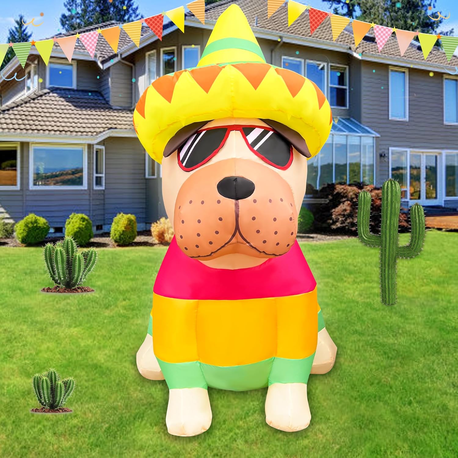 5 FT Cinco De Mayo Inflatables Outdoor Decorations, Bulldog with Taco Sombreros Glasses May 5 Blow up Inflatable Shar Pei Dog for Holiday Party Décor