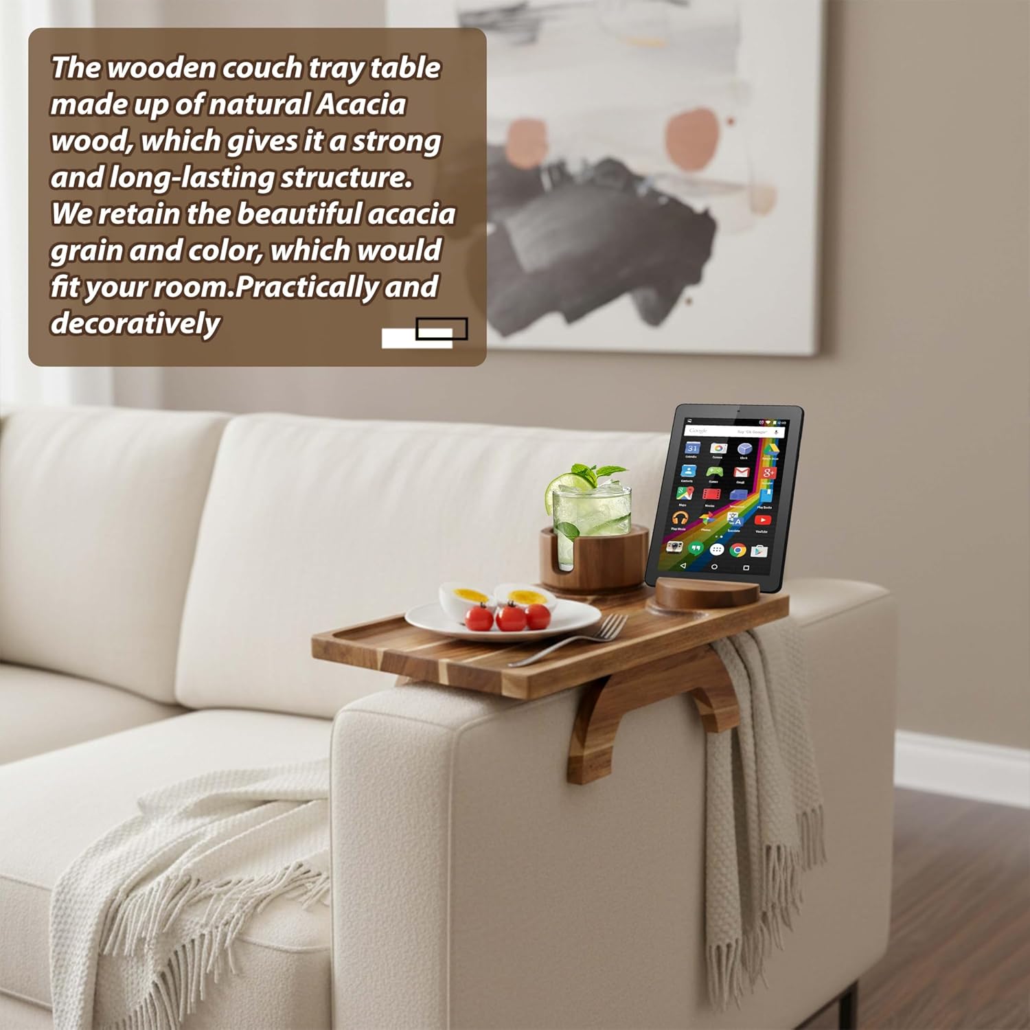 Set of 2 Acacia Wood Couch Cup Holder Trays 10.13” x 15.31” Sofa Armrest Table with Built in Cup Holder Snack Phone Remote Holder Fits Most Couch Arms