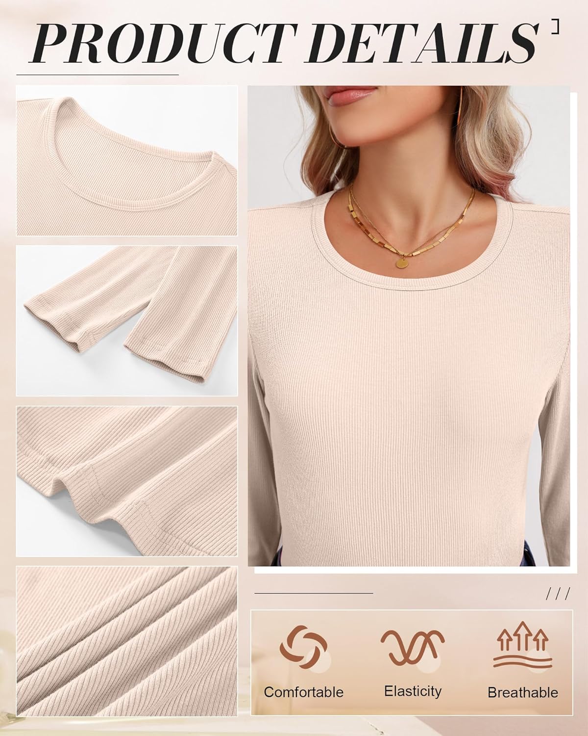 Ficerd 3 Pack Women's Ribbed Long Sleeve Tops, Crew Neck Slim Fit Undershirts Knit Basic Casual Stretch Layering Tee Shirts - Image 5
