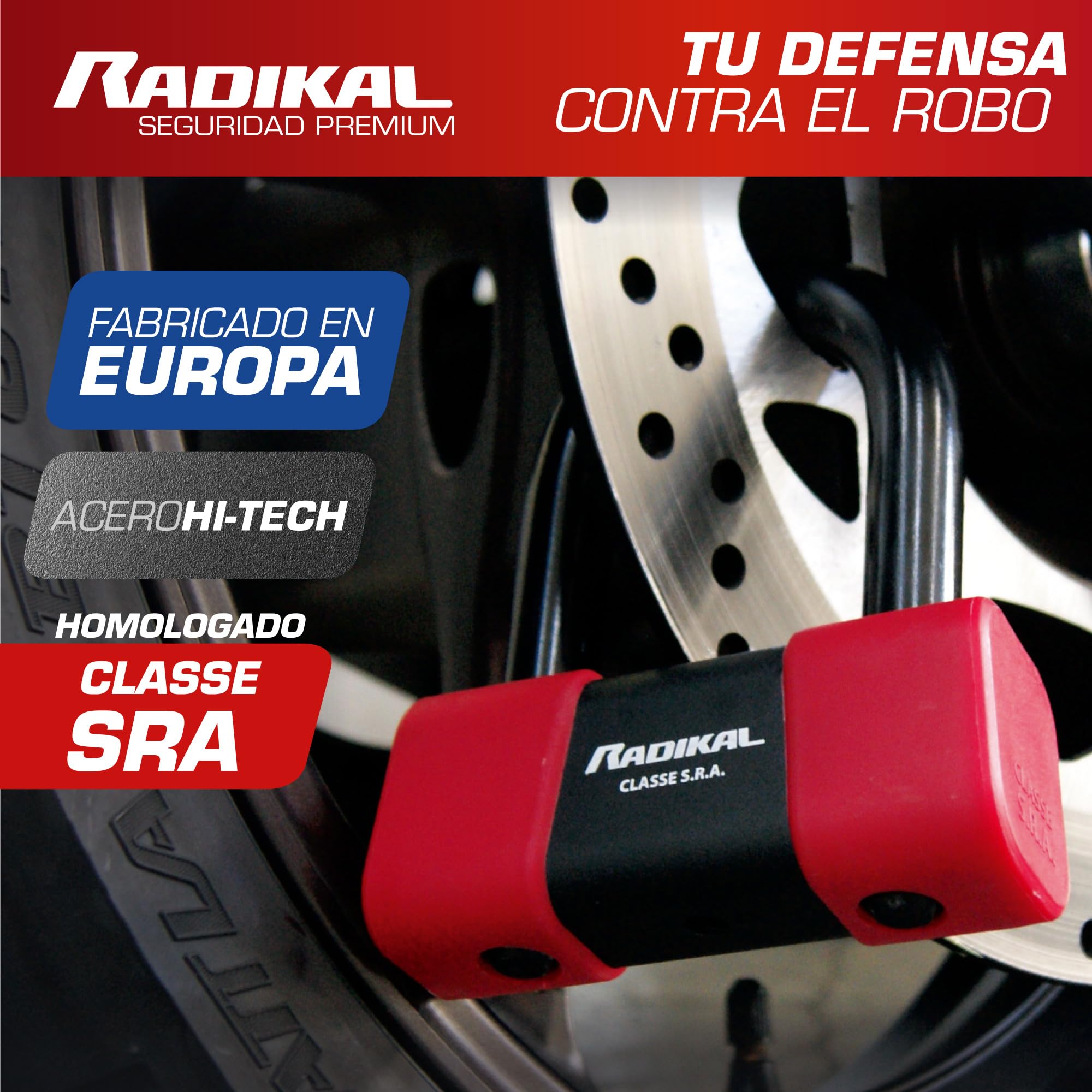 RADIKAL RK75 Candado Moto Disco Mini U Homologado SRA Premium, Más Disuasorio, Testado Brutalmente, Arco ø18mm de Acero Cementado, Doble Cierre, Cable Recordatorio, Bloqueo Antirrobo Cepo Disco Freno