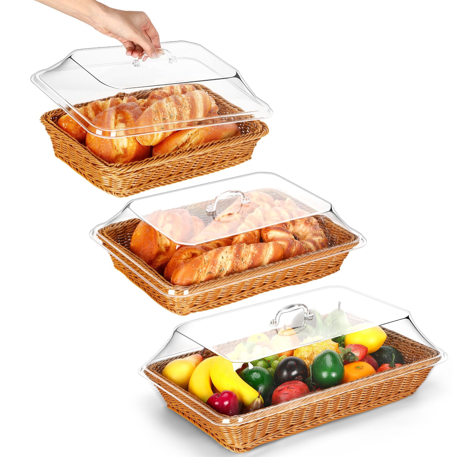 Yungyan Confezione da 3 cestini per il pane in finto rattan, 3 dimensioni, per servire con coperchio in acrilico, cesto di frutta intrecciato con coperchio per alimenti e verdure, da cucina,
