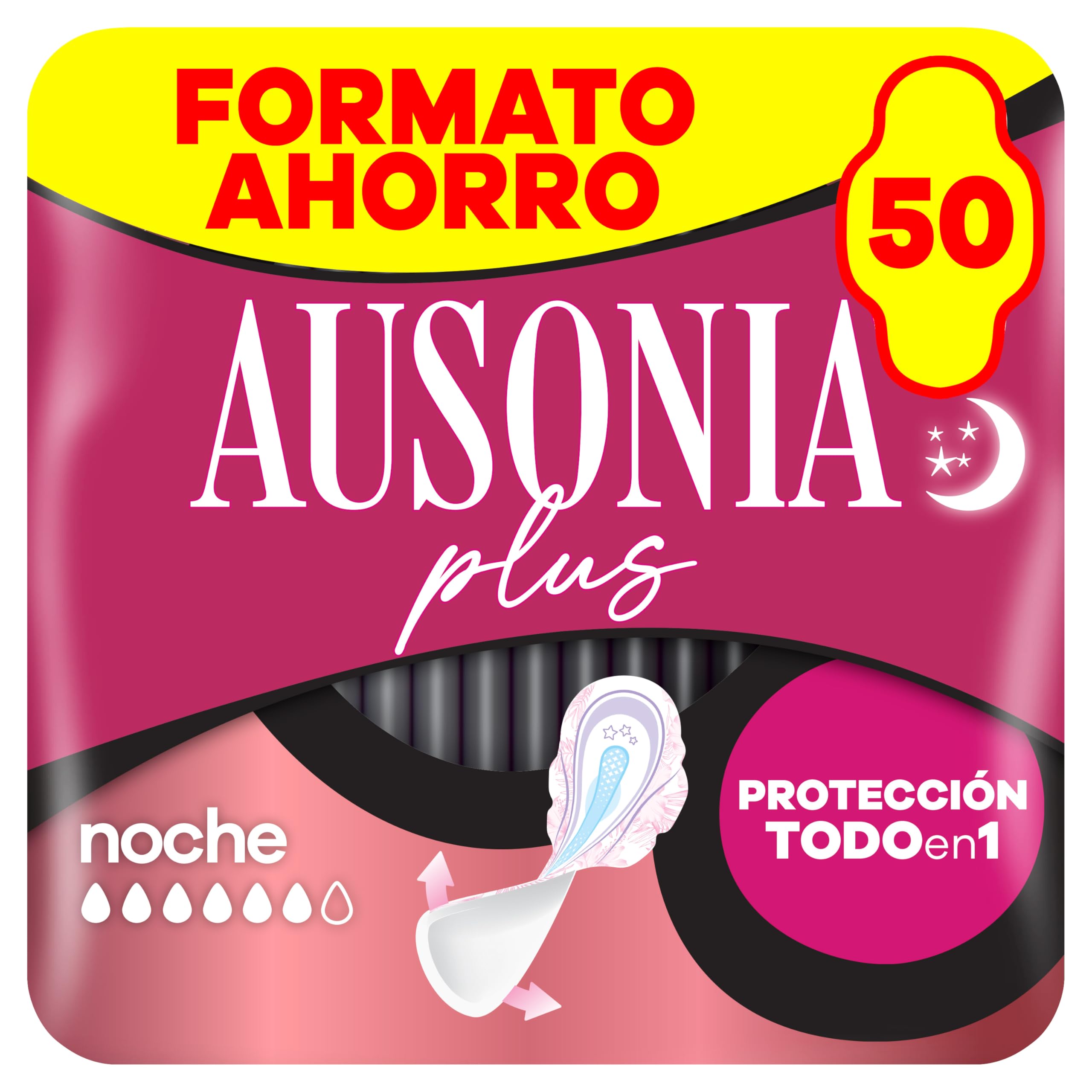Ausonia Compresas Ultra Plus Noche Con Alas, 50 unidades, Protección Y Ligero Aroma Todo En Uno (Más Anchas En La Parte Trasera)