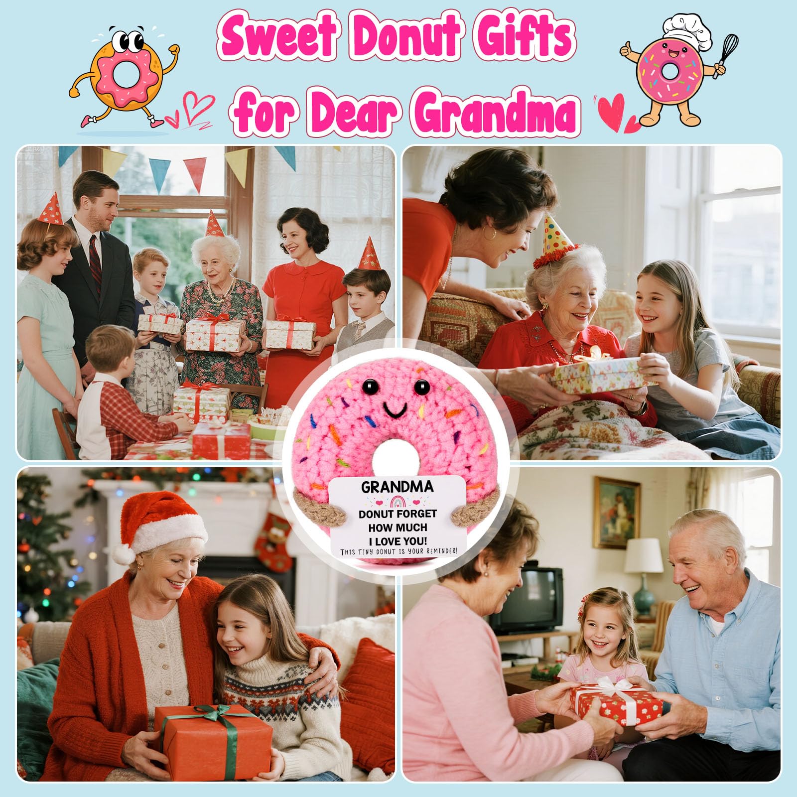 Grandma Gifts for Birthday Christmas - Funny Handmade Crochet Donut Gifts for Grandmother Nana Gigi Mimi, Grandparents Day Mothers Day Present from Granddaughter Grandson Grandkids