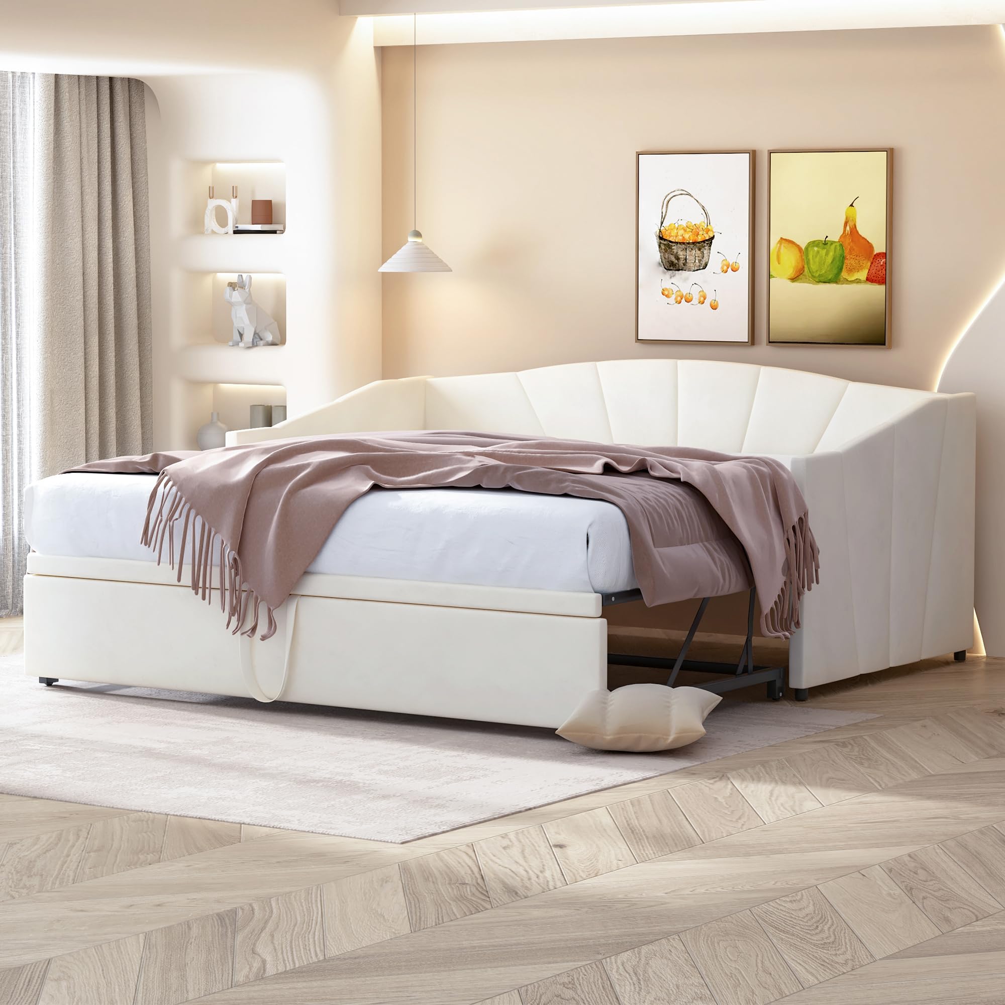 Letto imbottito, divano letto allungabile con rete a doghe, letto multifunzione in tessuto di velluto delicato sulla pelle, 90/180 x 200 cm (beige)