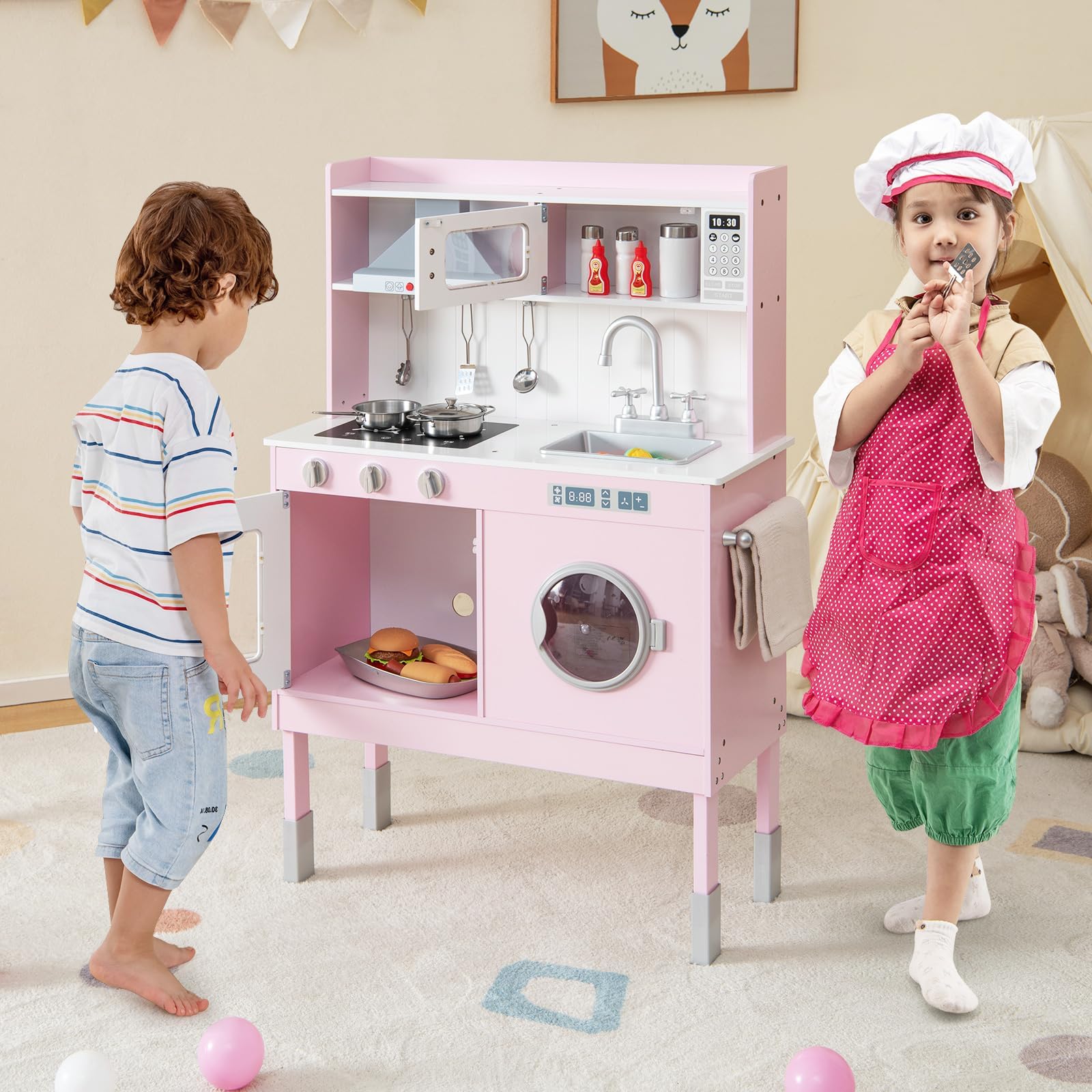 FANTASK Cucina per bambini con accessori da gioco, cucina in legno con cappa aspirante e lavatrice e suoni e luci reali, set da gioco per bambini dai 3 anni in su, rosa (71 x 29 x 101 cm)