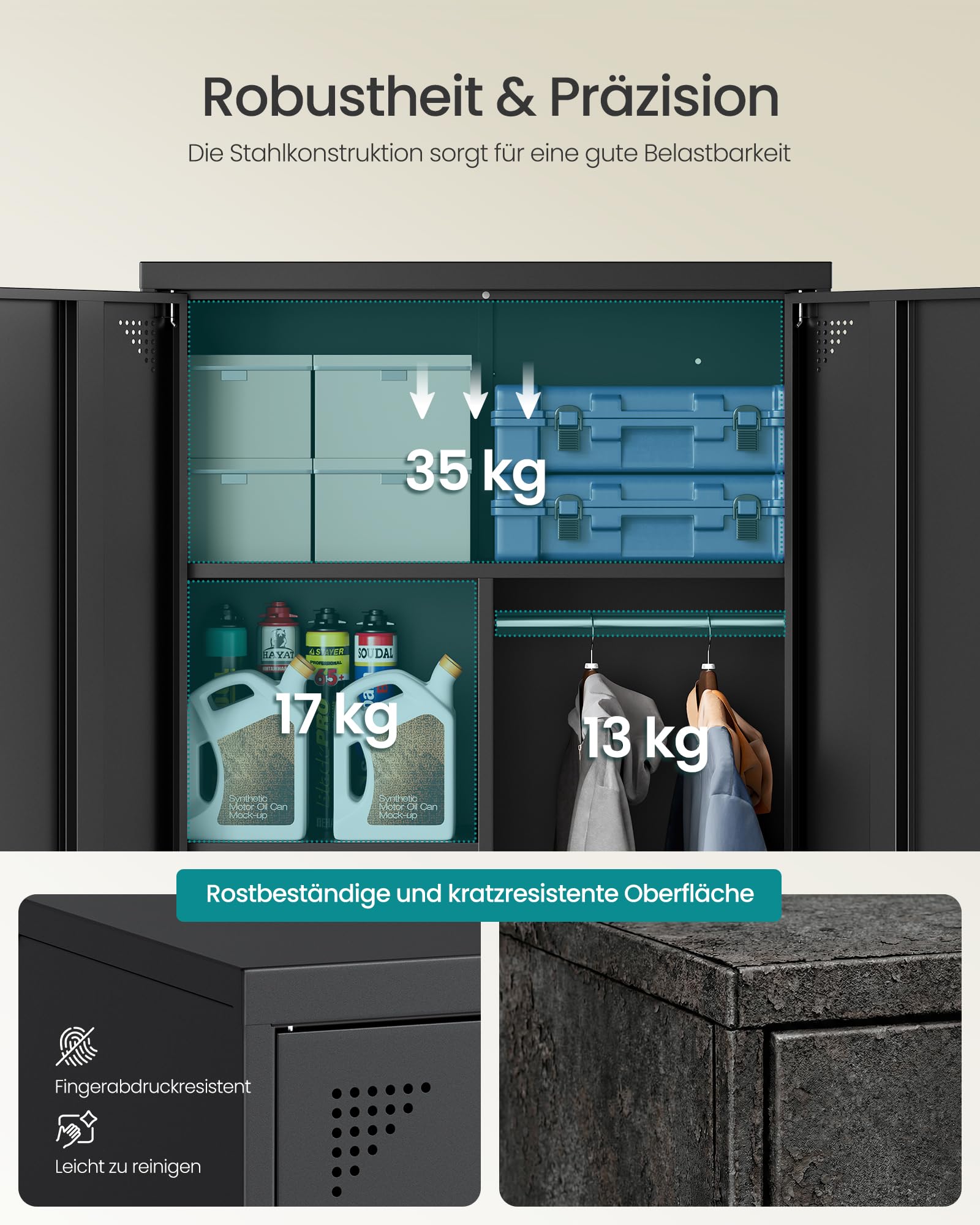 SONGMICS Mehrzweckschrank, Garderobenschrank, Aufbewahrungsschrank, Aktenschrank, Metallschrank, mit 2 Türen, 5 Fächern, Hängestange, abschließbar, hohe Füße, 80 x 40 x 165 cm, Mattschwarz OMC018BD01
