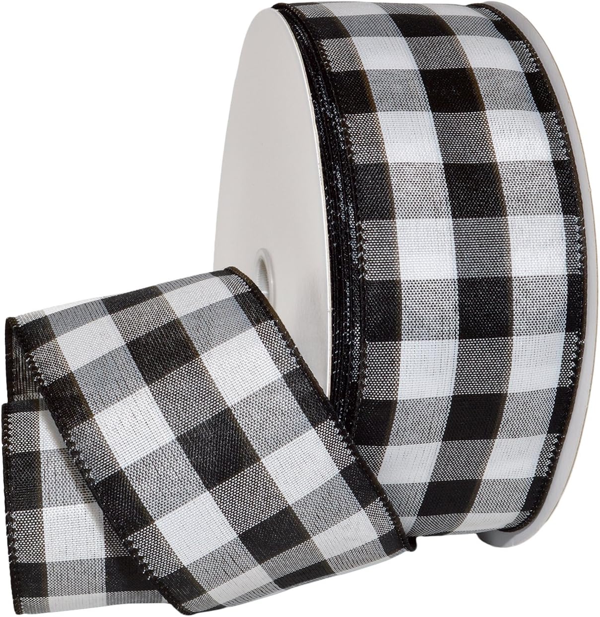 Morex Ribbon 7398.60/50-613 Cambridge 2.5" X 50 YD Wired Ribbon, Black and White, Buffalo Check Plaid Ribbon for Gift Wrapping, Christmas Decorations Indoor Home Decor, Craft Supplies & Materials