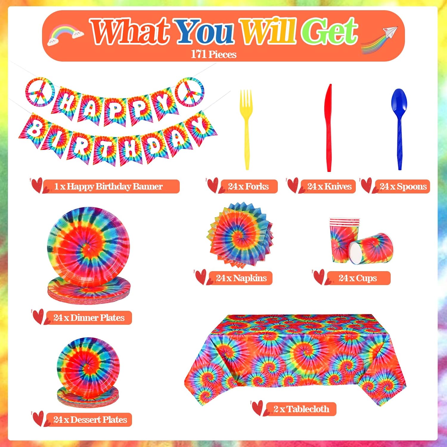 Yaomiao 171 Pcs Tie Dye Tablecloth Birthday Decorations Tie Dye Party Tableware Set Serves 24 Includes Tie Dye Birthday Banner Rainbow Tablecloth Paper Plates Napkins Cups and Disposable Cutlery