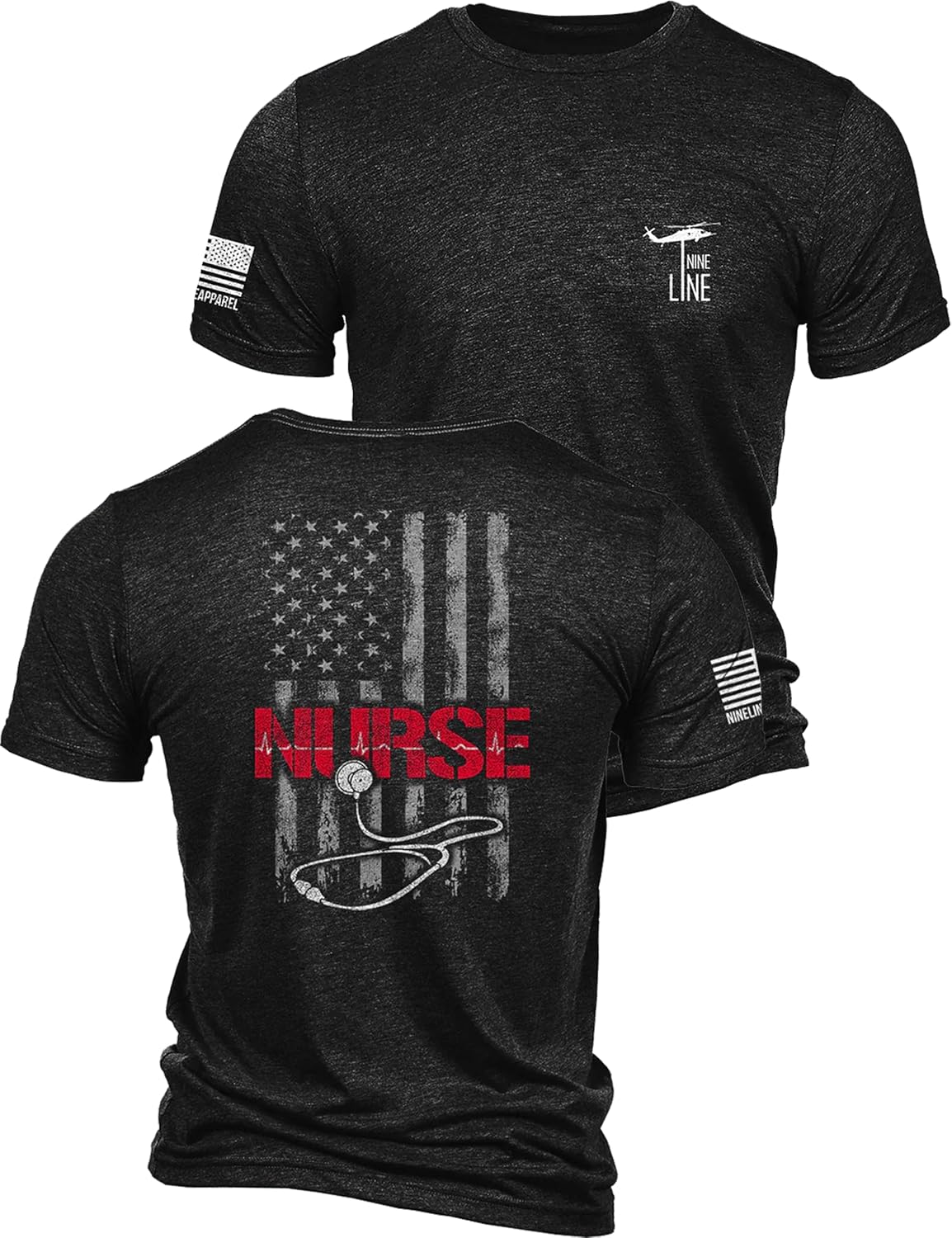 Nine Line Nurse Patriotic Shirt for Men, Stethoscope USA Flag Graphic, Front Line Heroes, American Made Nursing Apparel