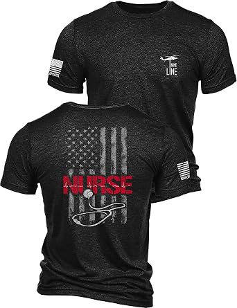 Nine Line Nurse Patriotic Shirt for Men, Stethoscope USA Flag Graphic, Front Line Heroes, American Made Nursing Apparel