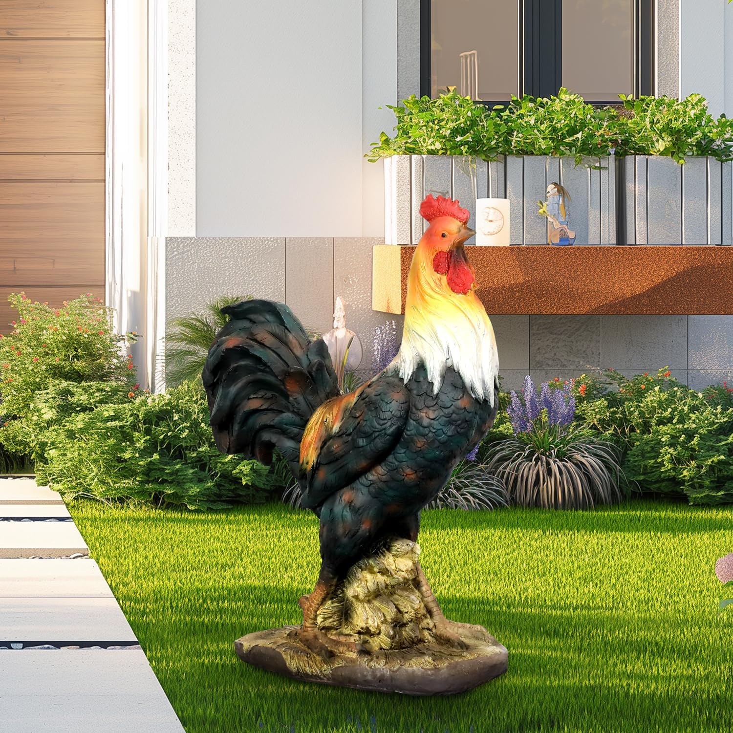 22.4" H Rooster Garden Statue – Garden Decor with Realistic Detail Chicken Sculpture, Standing Rooster Garden Ornament for Decor