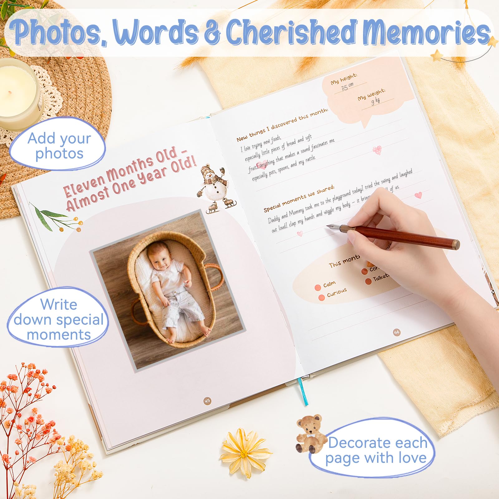 Baby Memory Book for Boys, Boho Design, 84-Page Hardcover Keepsake Journal for First Year Milestone & Photo Album - Image 4