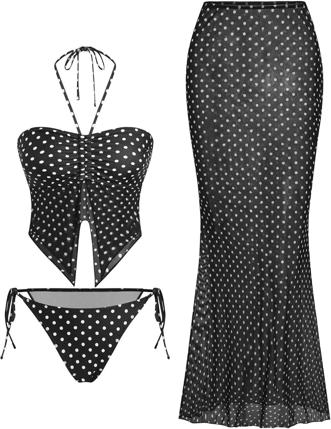 ZAFUL Women 3 Piece Bikini with Cover Up Skirt Halter Bandeau Swimsuit Floral Tie Side Cheeky Bathing Suit