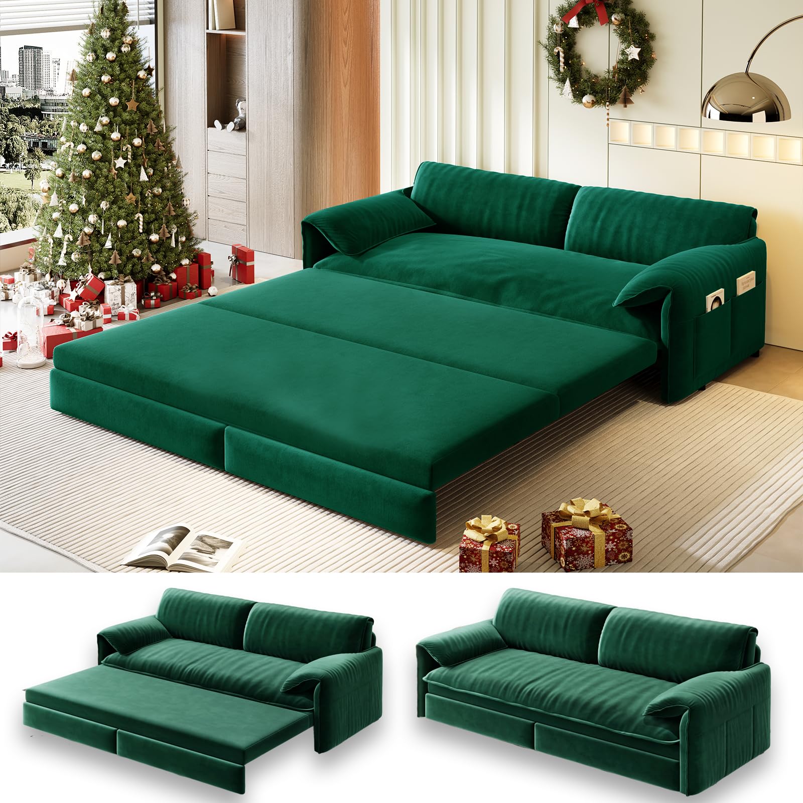 UPYOOE 63.8" Futon Sofa Bed Queen Size, Pull Out Bed, 3-in-1 Convertible Sleeper Sofa with Side Pocket, Modern Velvet Futon Couch for Living Room,