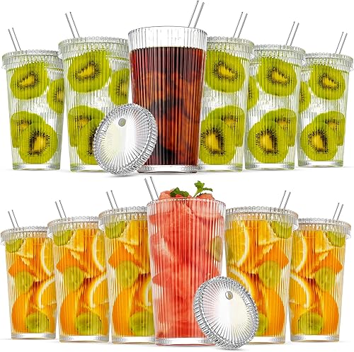 Paquete de 12 vasos de vidrio con tapas y pajitas acanaladas, taza de café de vidrio de 14 onzas con tapa y pajita, vaso de vidrio a rayas para
