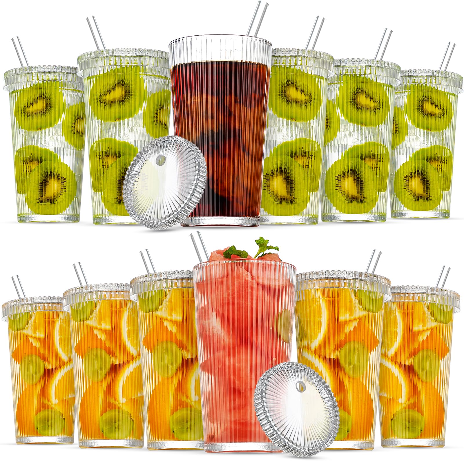 GKOKG 12 Pack Glass Cups with Lids and Straws Ribbed Tumbler Glass Cup