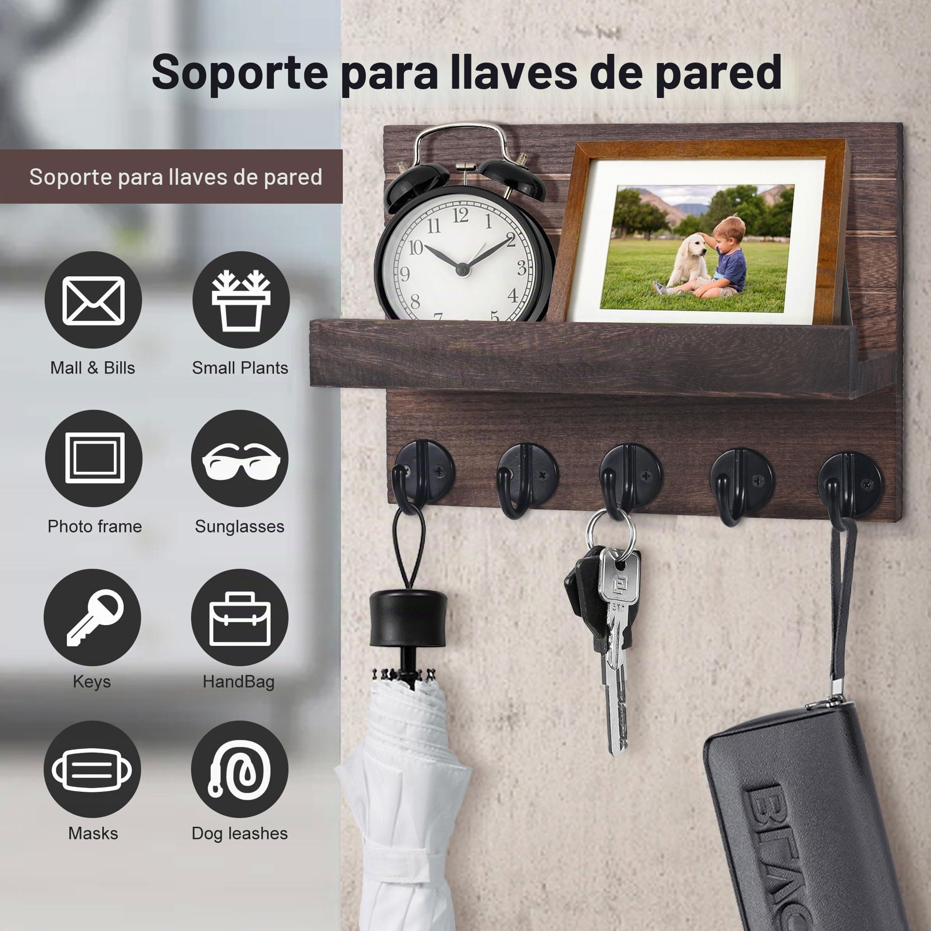 Llavero de Madera para Pared, Portallaves de Madera, Ganchos para Llaves Montados en la Pared, Organizador Llaves con 5 Ganchos para Llaves, para Llaves, Cartas, Periódicos (Marrón)