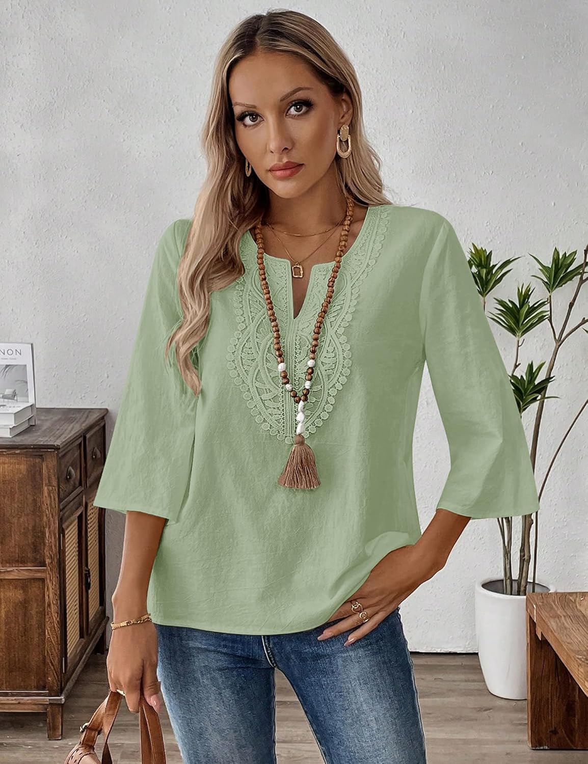 LOMON Womens 3/4 Sleeve Tops Cotton Linen Shirts V Neck Lace Casual Loose Fit Blouses Boho Fashion - Image 3