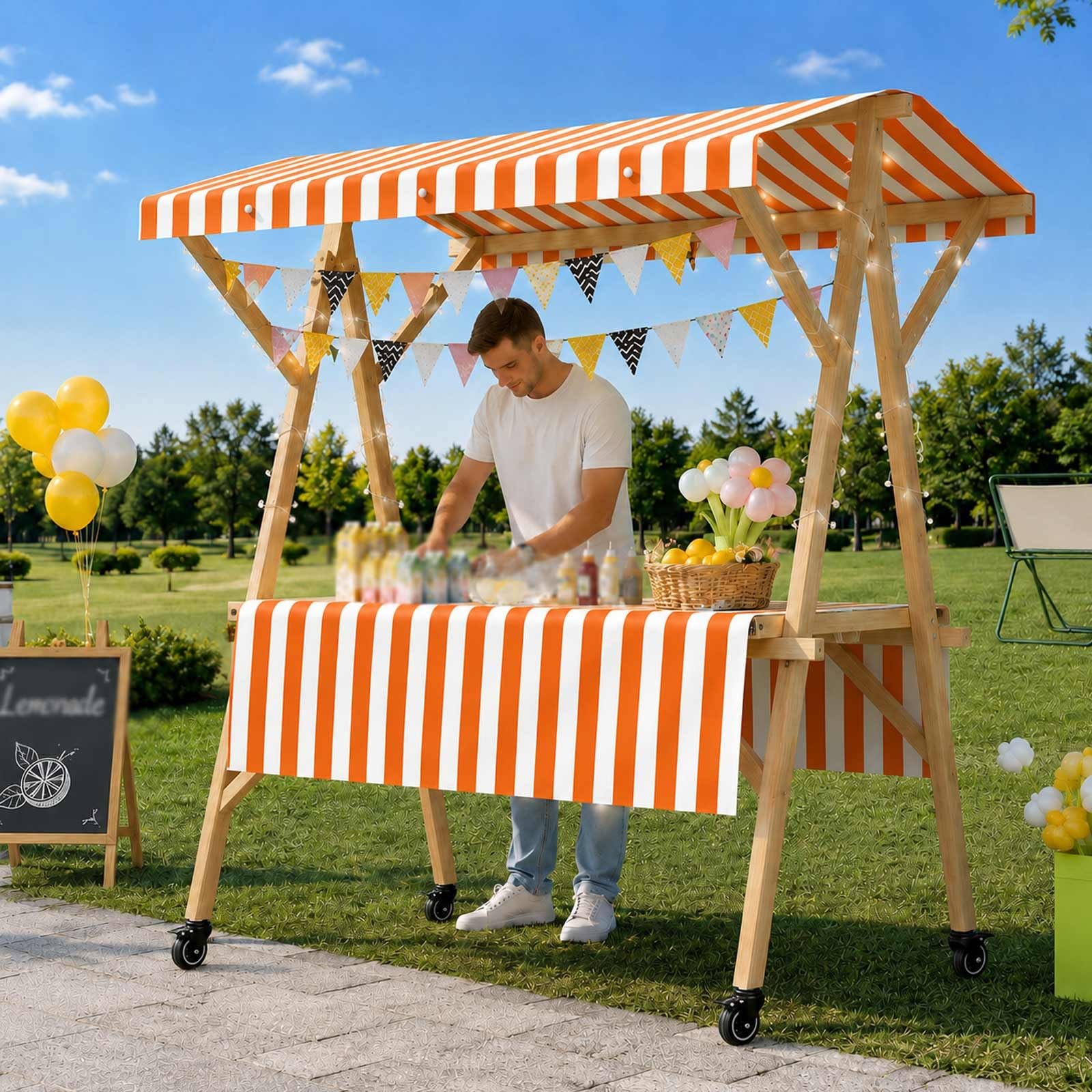 Carrello pieghevole con tettoia portatile per chiosco di vendita, carrello in legno su ruote, per cabina popup, bar, esposizione di matrimoni (120 cm)
