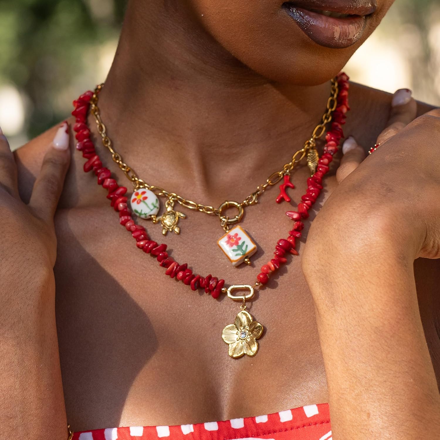 18K Gold Plated Coastal Charm Necklace, Women's Handmade Boho Jewelry with Floral Beads, Yellow Gold Plated Stainless Steel, 18.5 Inches, Flower Fish Coral Turtle Charms - Image 3