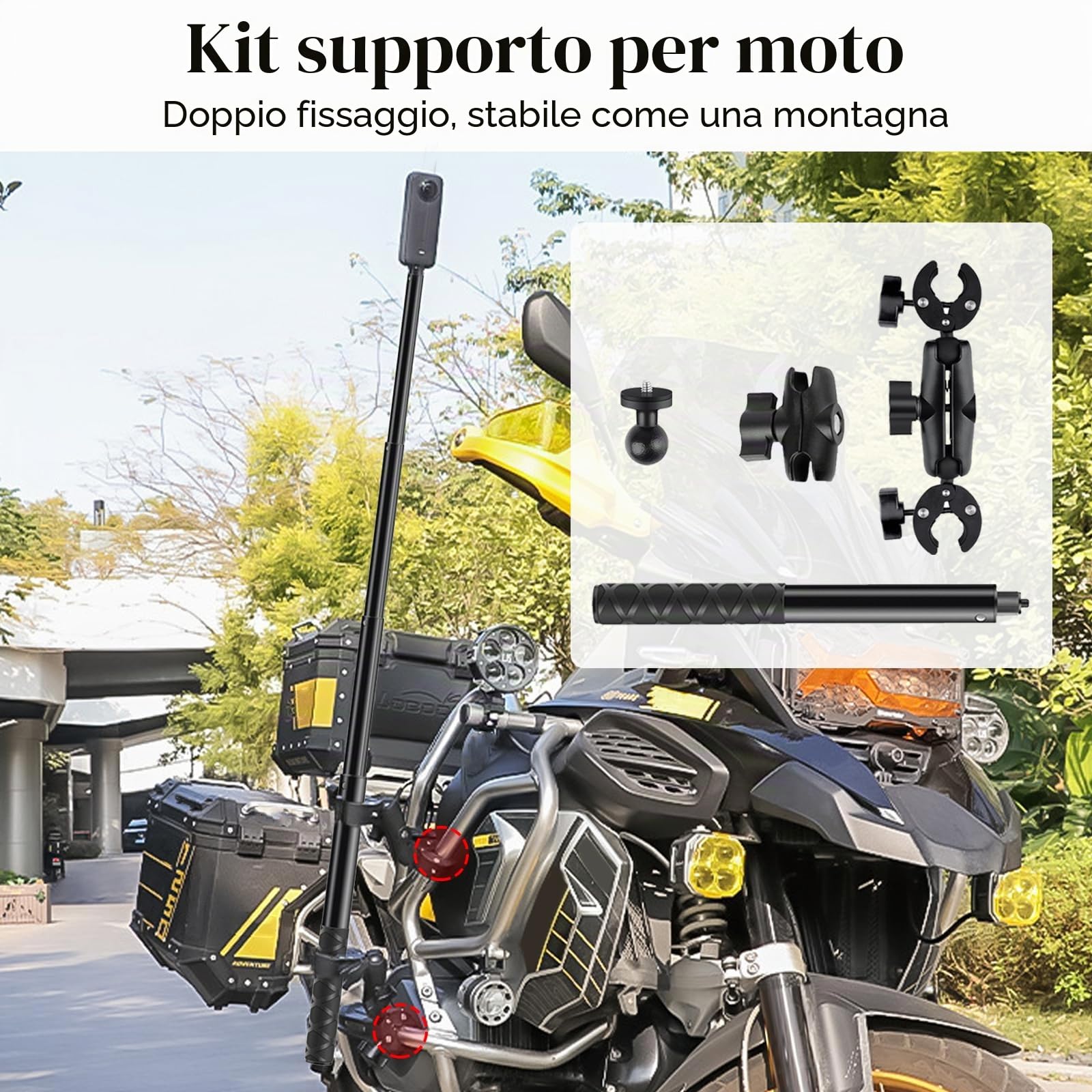 Supporto Moto per Insta360 x4 Action Camera, Moto Montaggio Kit Compatibile per Insta 360 X4 X3 X2 X RS GO 3, Rotazione a 360 Gradi Supporto a Doppia Pinza e Doppia Stabilità