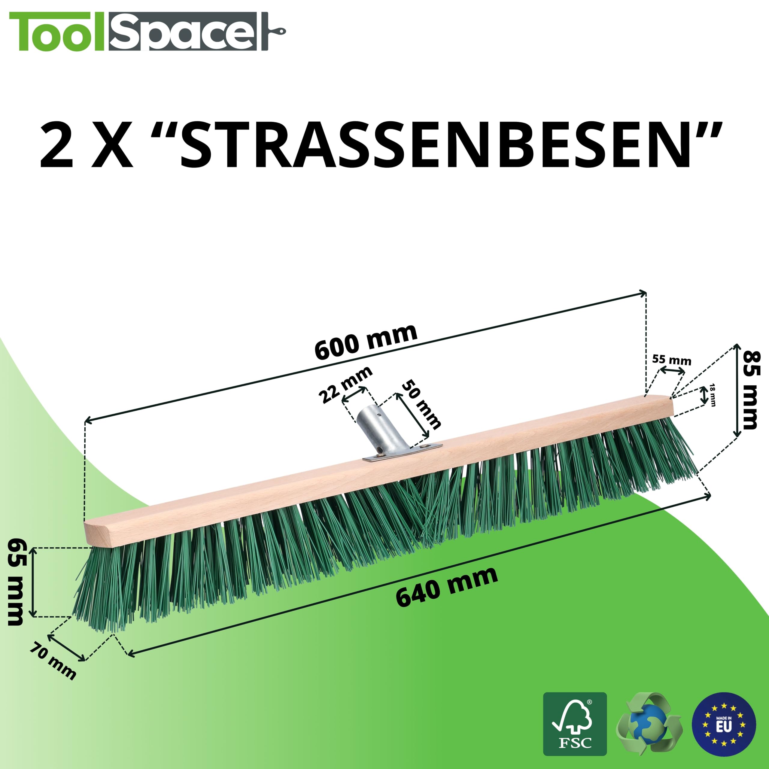 ToolSpace Straßenbesen 60 cm - 2 Stück - Holz Kehrbesen für den Terrasse, Garage, Pflaster, die Wege, PET Borsten Industriebesen mit Stielloch Schrubber ohne Stiel Saalbesen Gartenbesen Großraumbesen