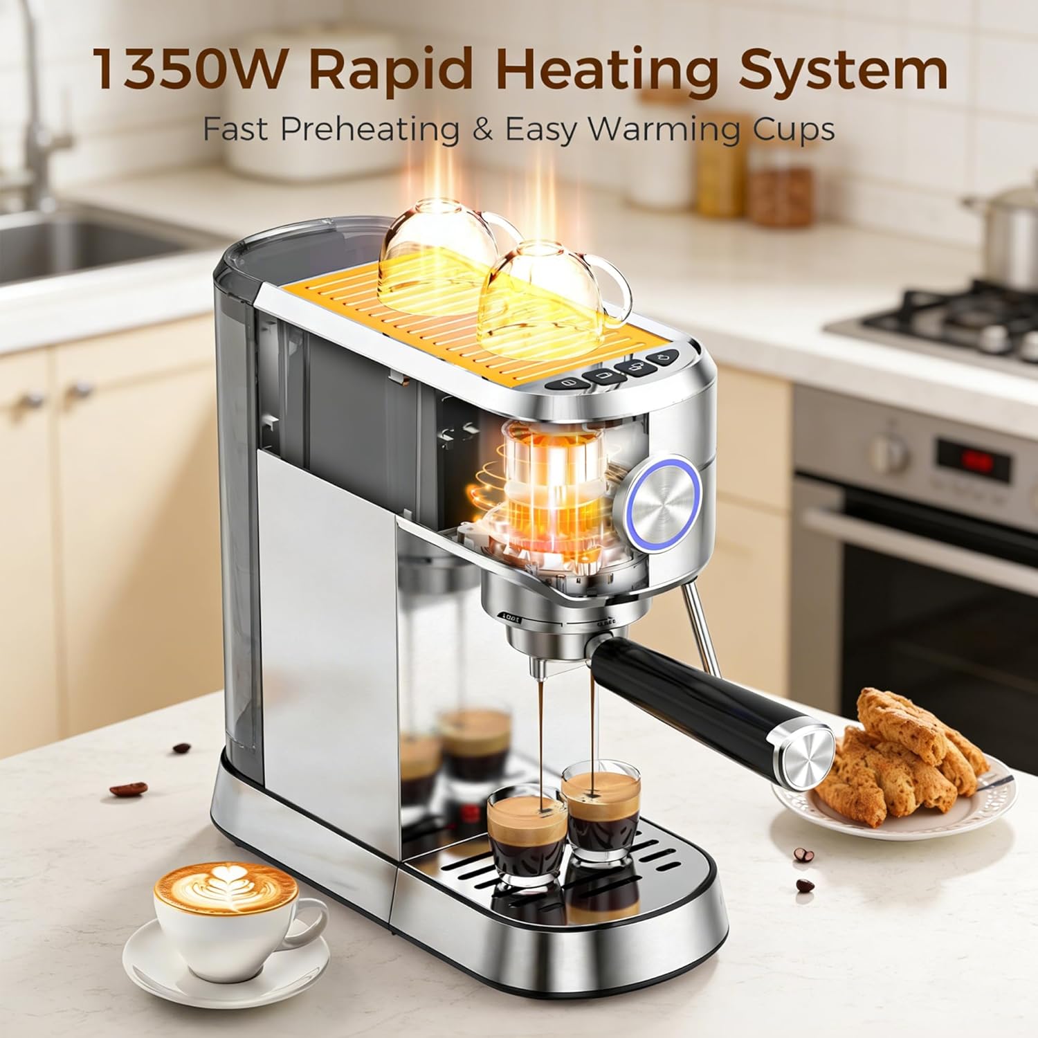 Espresso Machine 20 Bar, Stainless Steel Espresso Coffee Maker with Steam Milk Frother, Compact Coffee Machine with 34oz Removable Water Tank for Cappuccino, Latte