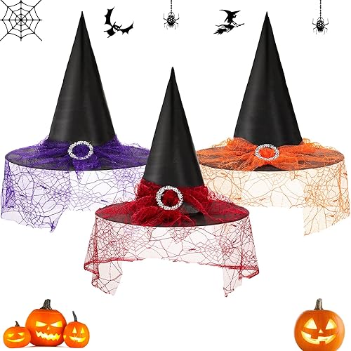 Civaner 3 piezas de sombrero de bruja vintage de Halloween, sombrero de bruja colgante, sombrero de mago, accesorios de disfraz, velos de encaje,