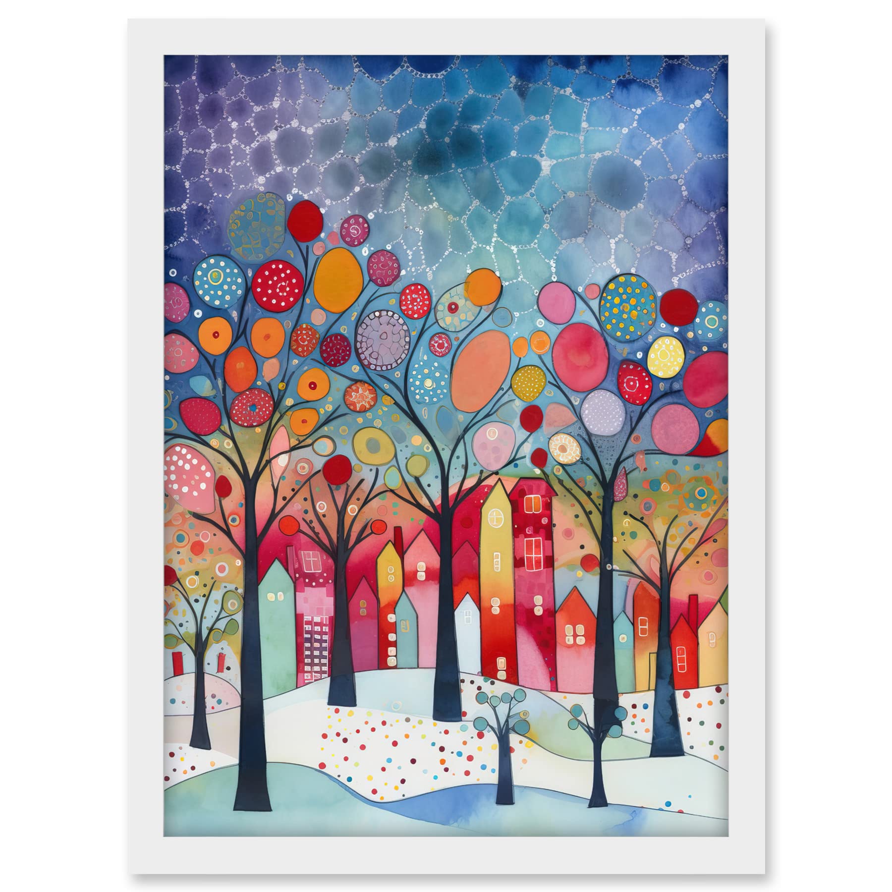 Artery8 Winter Abstract Village Folk Art Artwork Framed A3 Wall Art Print