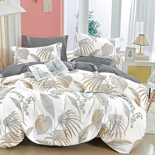 Juego de edredón floral de algodón natural de 3 piezas - Edredón gris con ramas marrón y hojas grises sobre blanco, juego de ropa de cama reversible