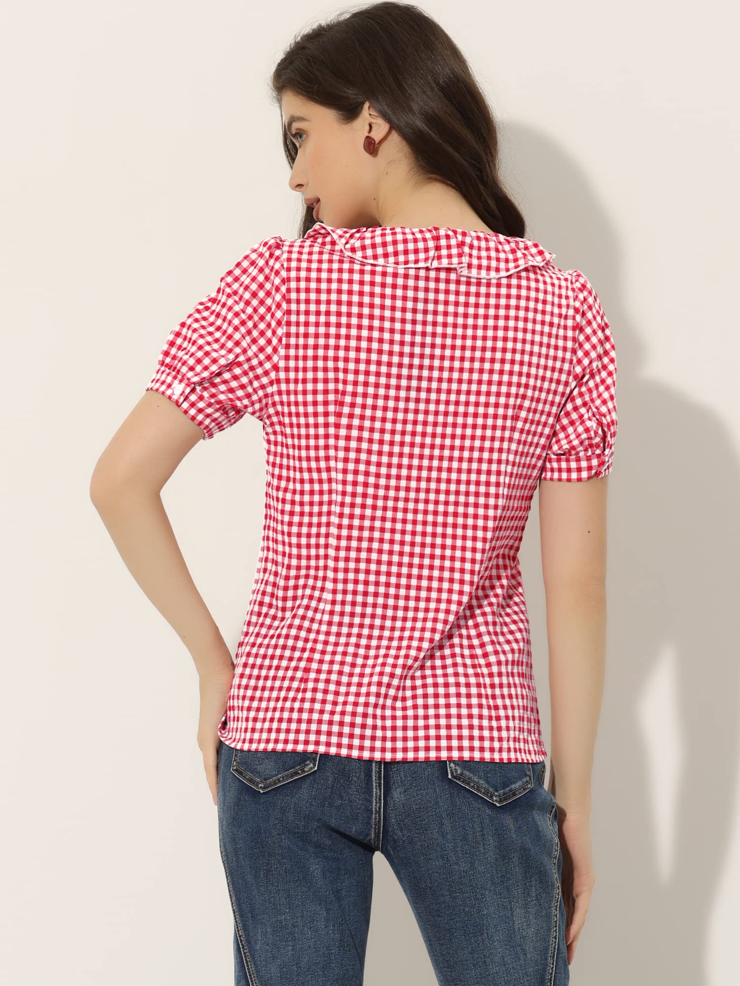 Allegra K Women's Gingham Plaid Shirts, Plaid Top for Women, Ruffle Collar Blouse, Short Sleeve Checked Shirt Tops