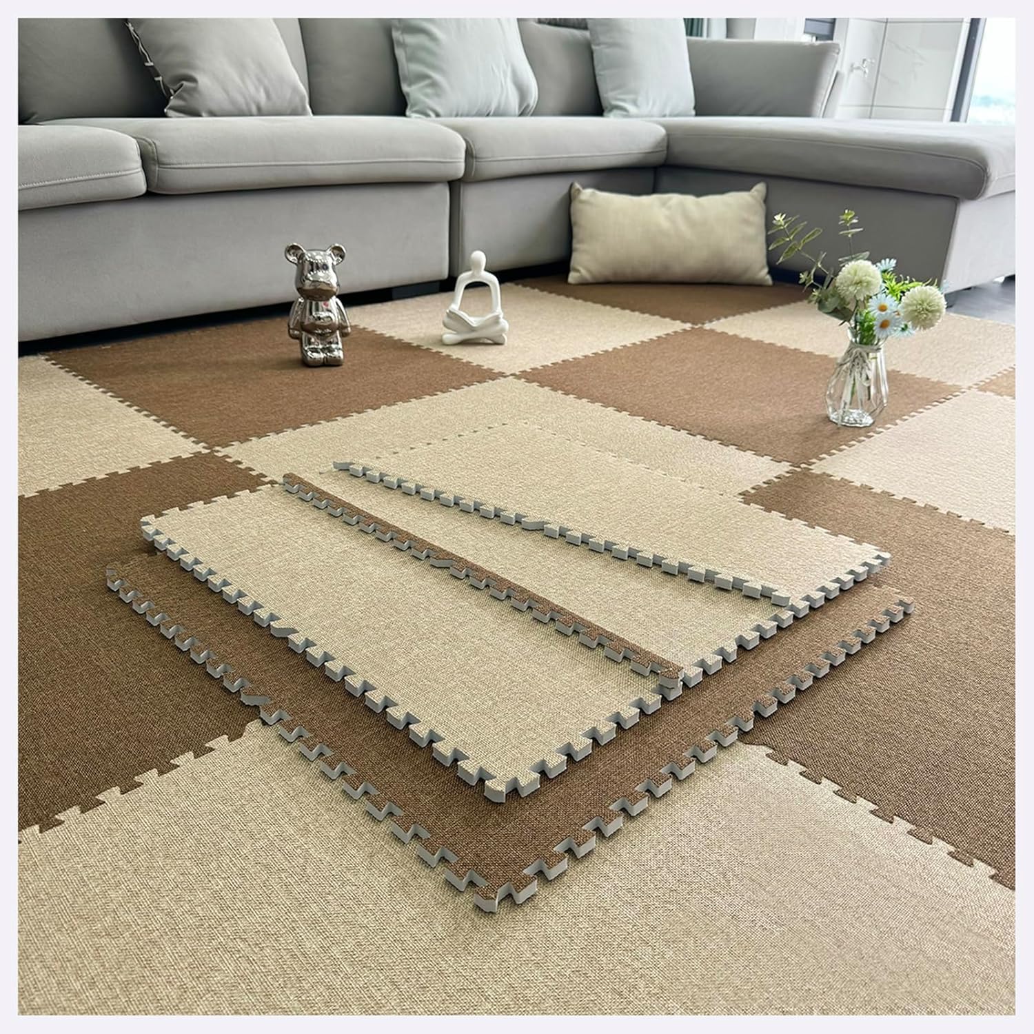 JvFbjLF Foam Interlocking Floor Mat 60cm Large Size Puzzle Area Rugs Play Mat DIY Square Carpet Soft Foam Flooring Tiles(Dark Brown+Light Brown,30pcs)
