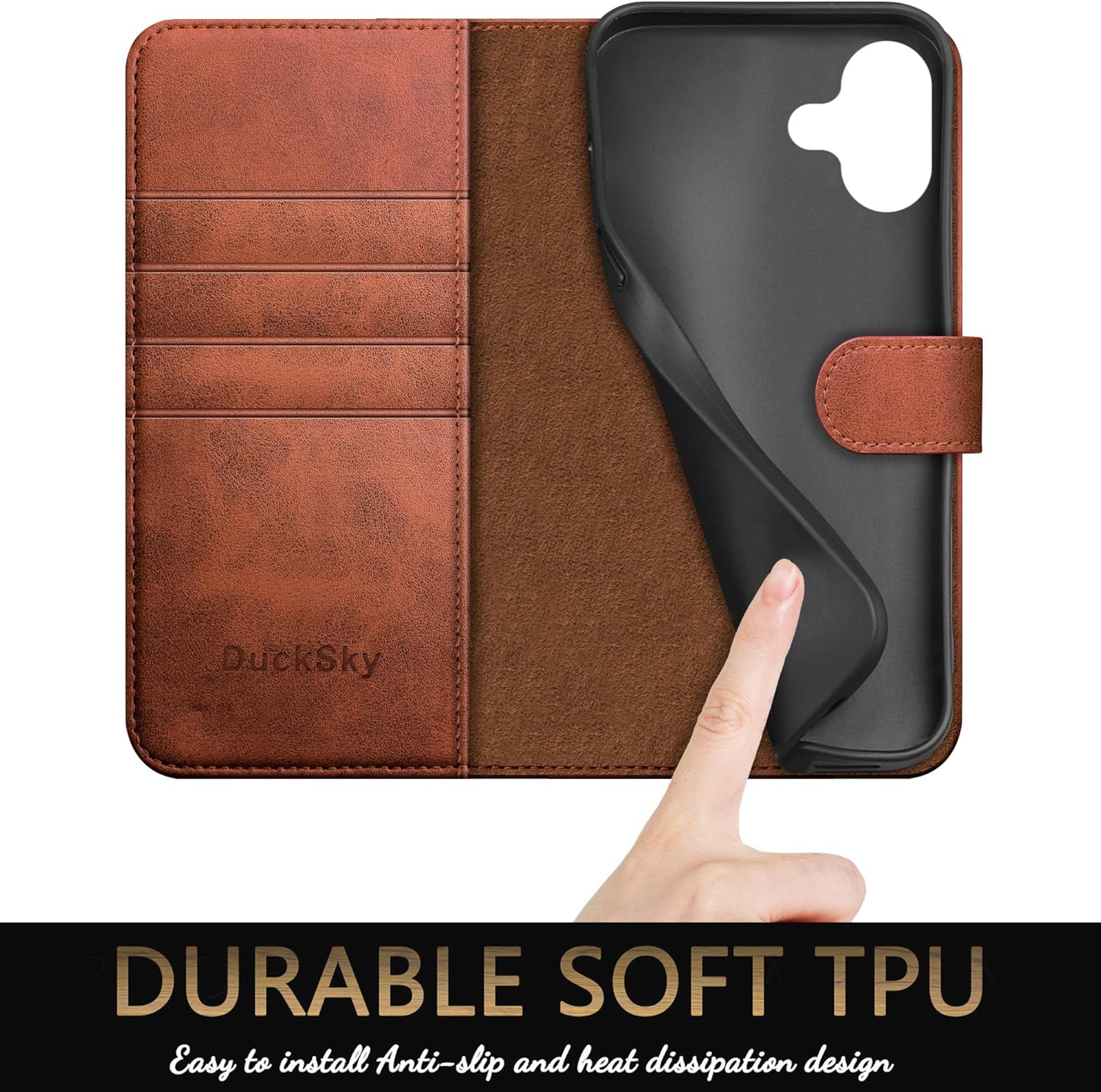 DuckSky Compatible with iPhone 17 6.3" Genuine Leather Wallet case【RFID Blocking】【4 Credit Card Holder】【Real Leather】 Flip Phone case Cover Women Men for Apple 17 case Light Brown - Image 6
