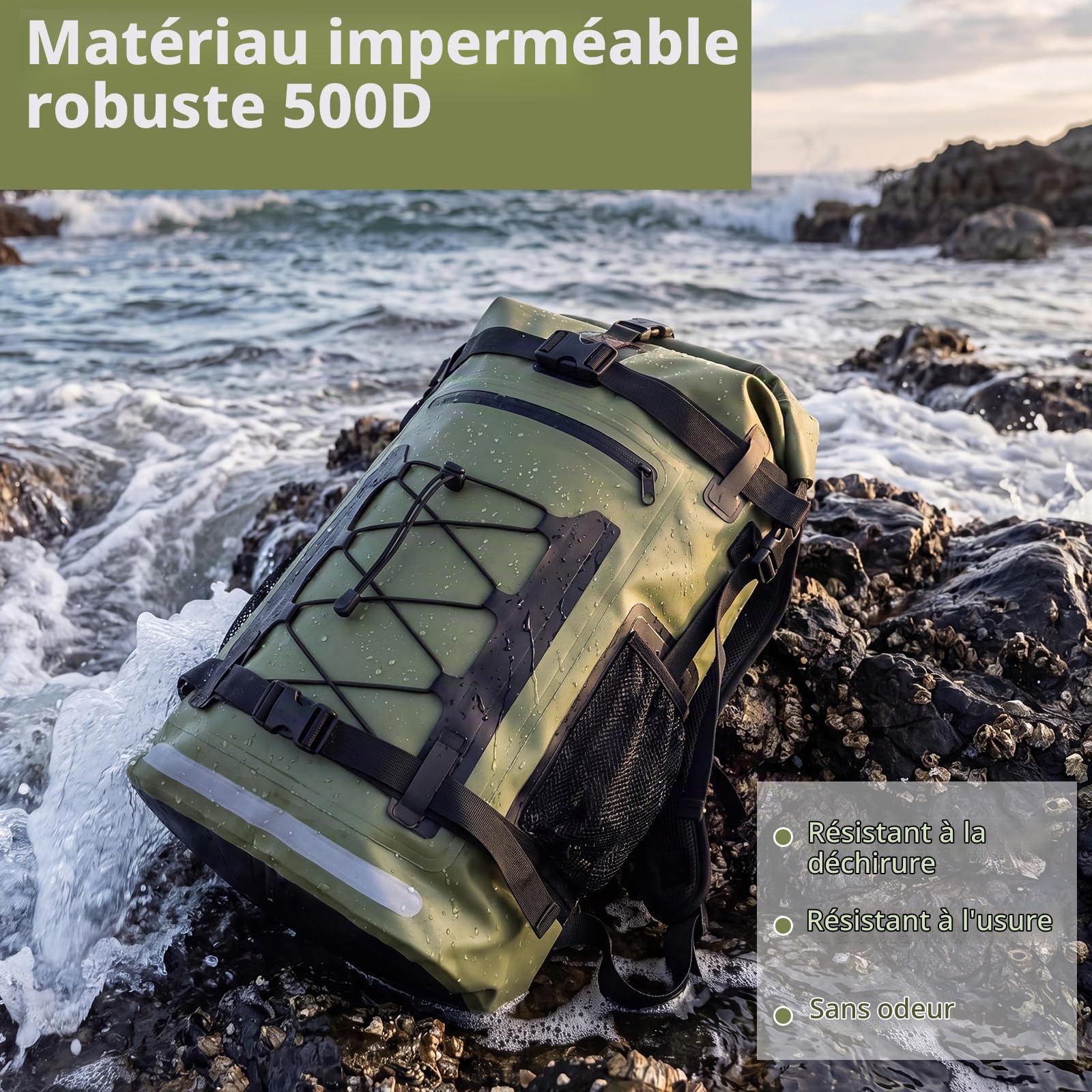 XREE Sac étanche vert militaire avec fermeture par enroulement pour les activités de plein air telles que les voyages, la randonnée, le kayak, le camping et les sports nautiques, vert, 40L, Sac