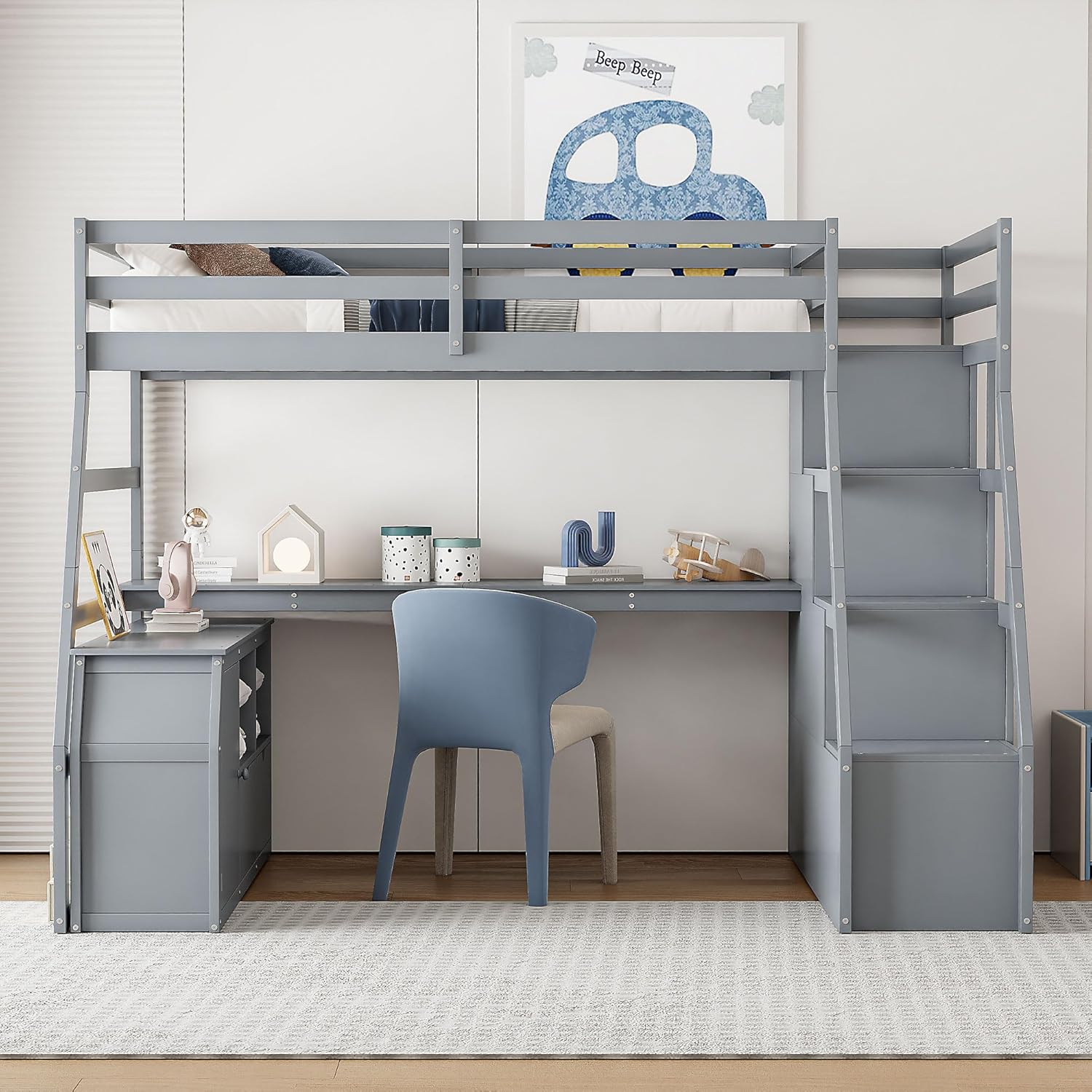 Harper & Bright Designs Full Loft Bed Frame with Desk & Storage Staircase, Wood Full Size Loft Bed with 7 Drawers and 2 Shelves, Full Size Kid’s Loft Bed Study Bed with Staircase (Gray)