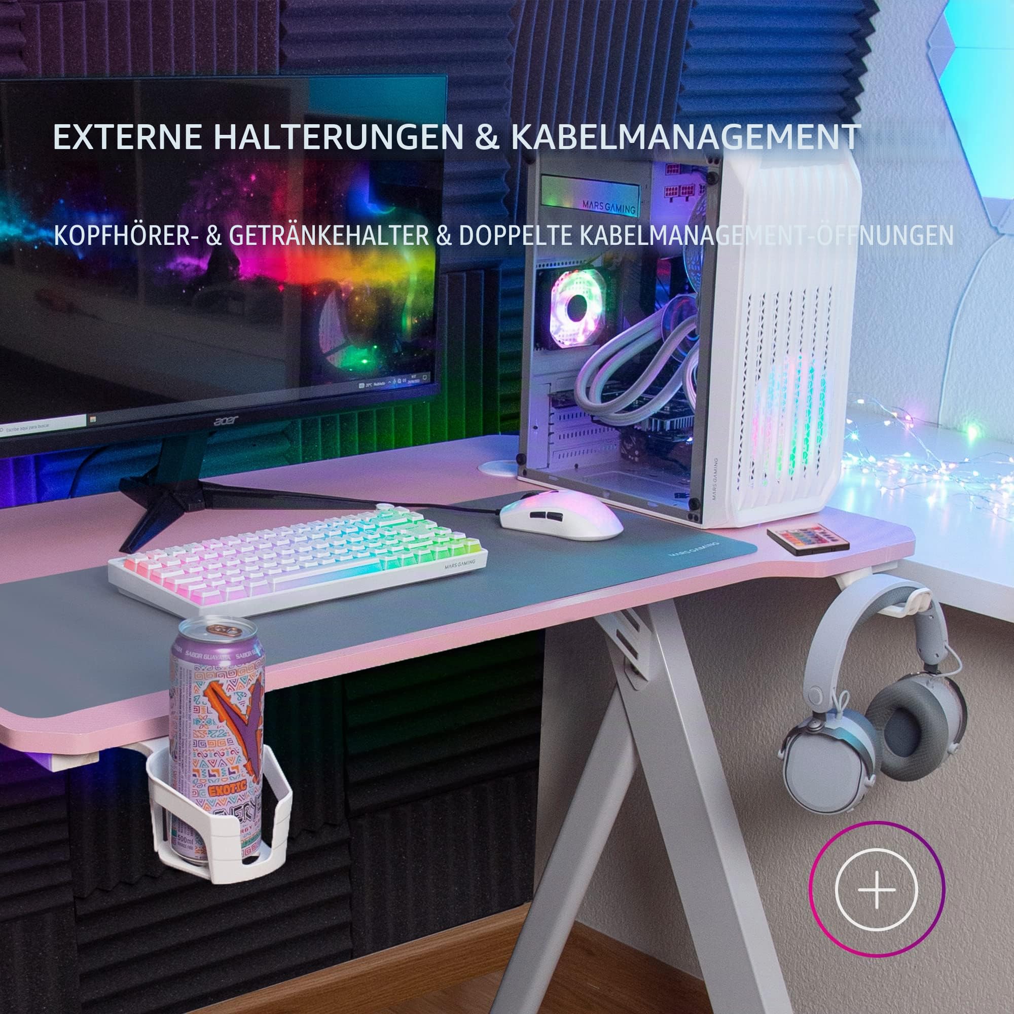 MARSGAMING Mars Gaming MGDXLRGB, Ergonomischer RGB Gaming Tisch, Headset+Flaschenständer, 160x60cm, Schwarz