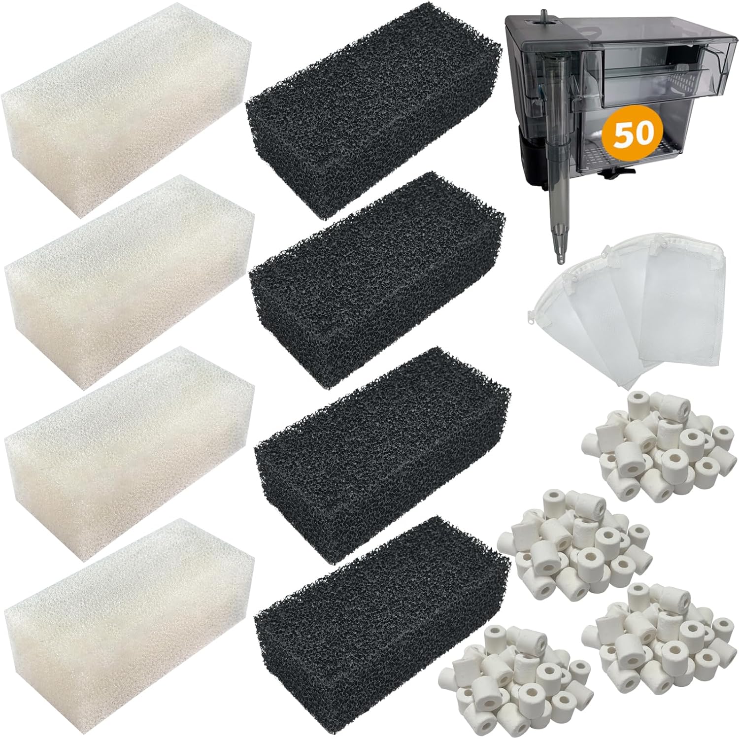 4 Set of Three-Stage Filtration Tank Filter Maintenance Kit, Replacement for AquaClear 50/200 50-Gallon Power Filter, Fish Tank Filter for 20- to 50-Gallon Aquariums