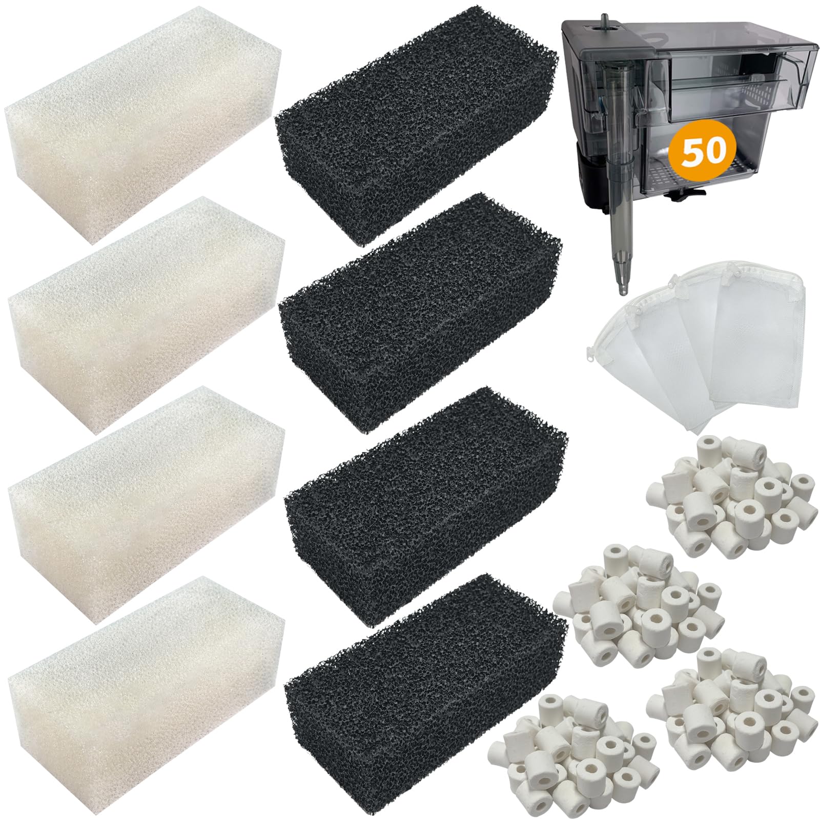 beaufan 4 Set of Three-Stage Filtration Tank Filter Maintenance Kit, Replacement for AquaClear 50/200 50-Gallon Power Filter, Fish Tank Filter for 20- to 50-Gallon Aquariums