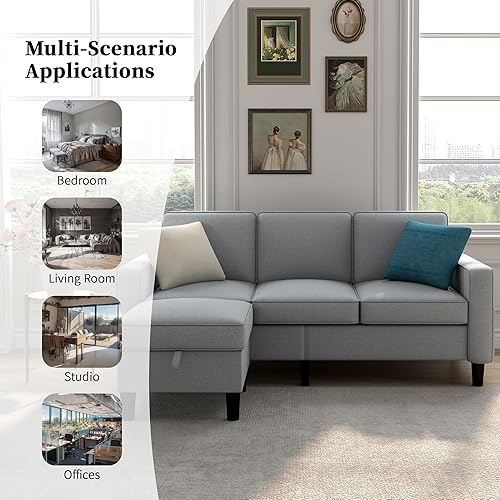 Miniatura 5 de Sofá modular convertible con cama de extracción, en forma de L con diván de almacenamiento, esquina de tela de lino moderna de 3 plazas para sala de