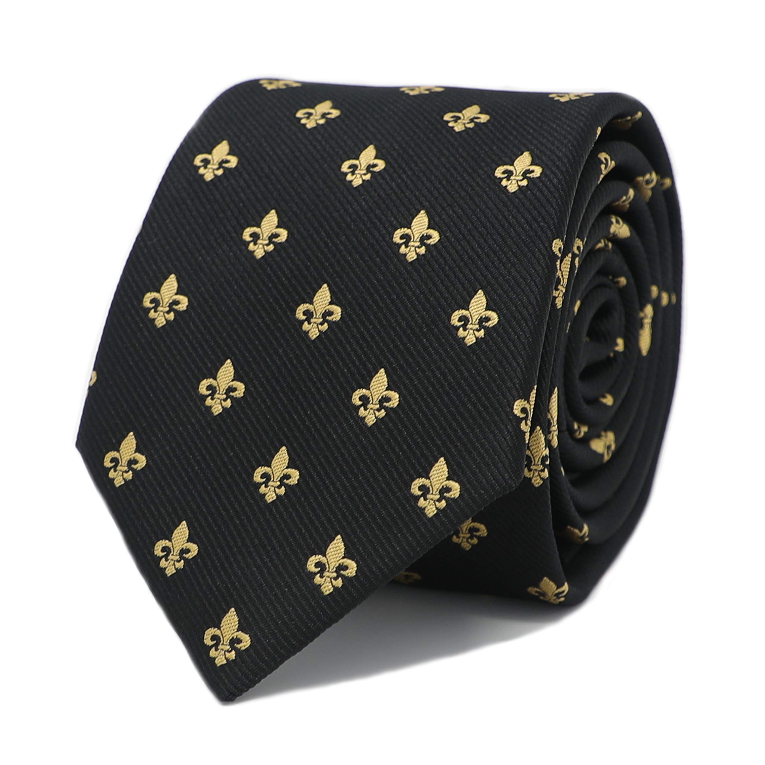 Gold Fleur De Lis Pattern Black Necktie With Box Fleur De Lis Pattern Tie