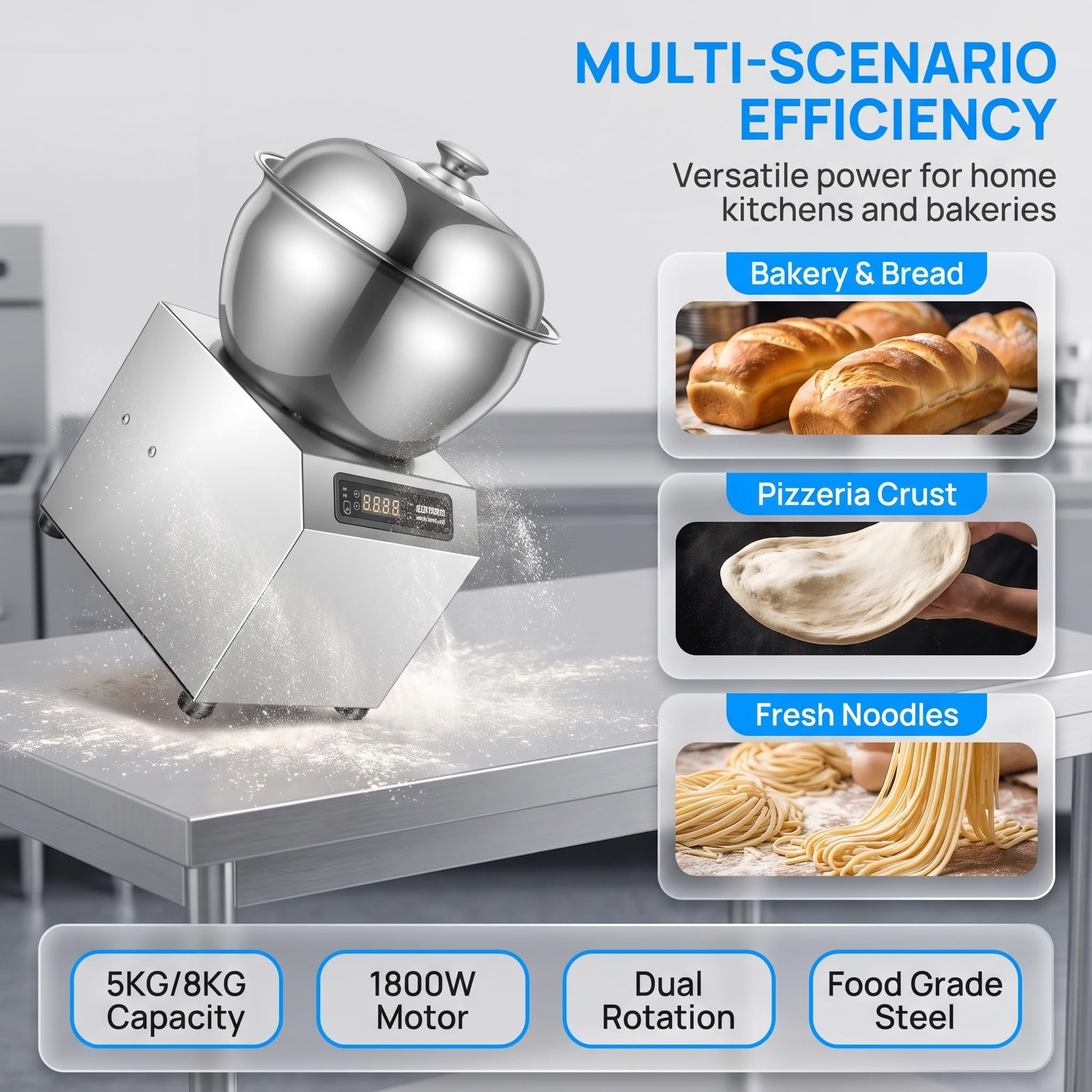 Impastatrice A Spirale Professionale, 5 Kg/8 Kg, 1800 W, Elettrica, Con Ciotola In Acciaio Inox, Impastatrice A Doppia Rotazione Per Pane, Pizza, Panetteria, Ristorante, Pizzeria. 8kg