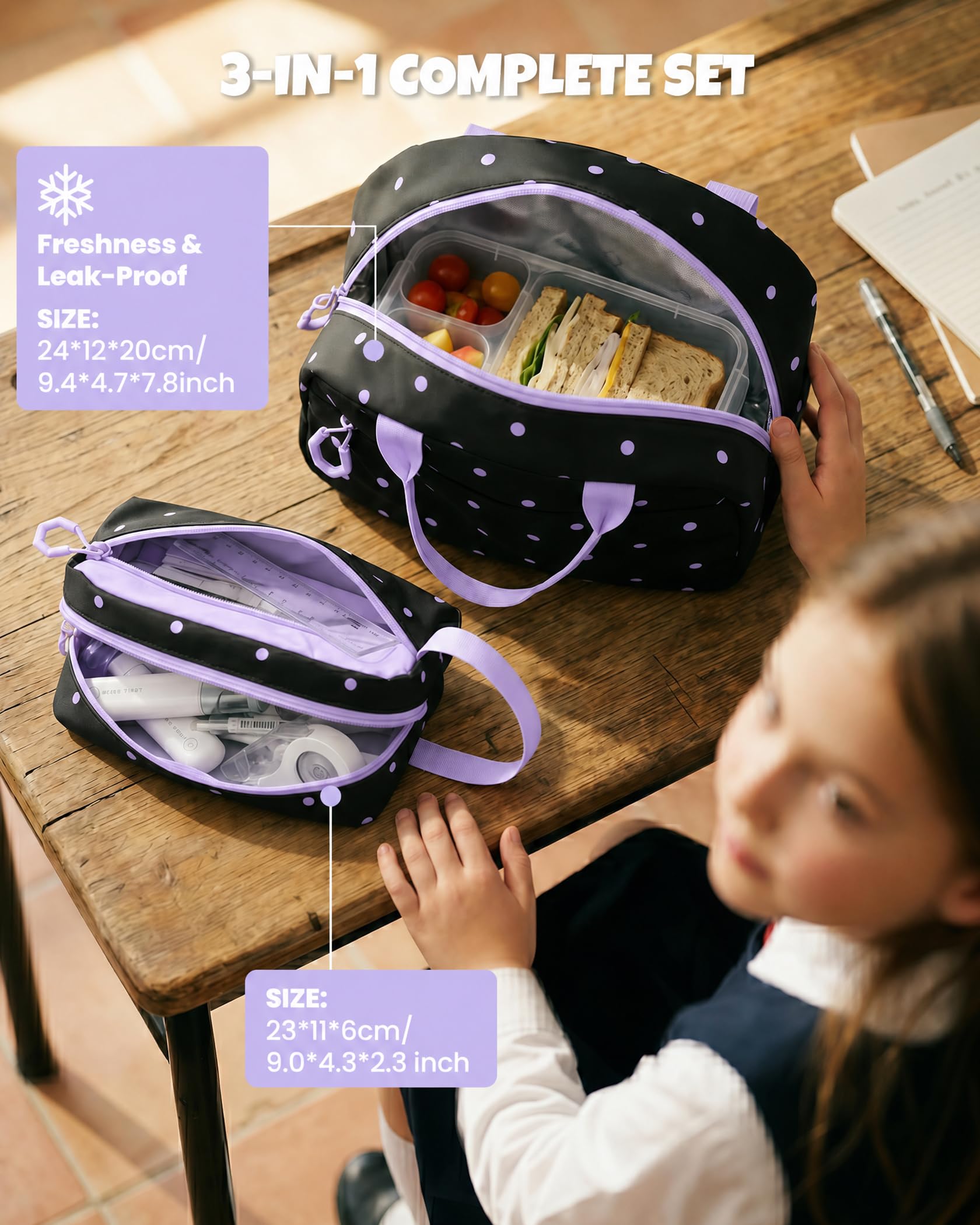 Amythe Zaino Scuola Ragazze Classi da 1 a 6 3 Pezzi Grande Set Sport, Viola | 3 Pezzi Impermeabile Leggero Riflettente Viola Daypack Multitasche Capiente Resistente per Scuola Viaggio Escursione