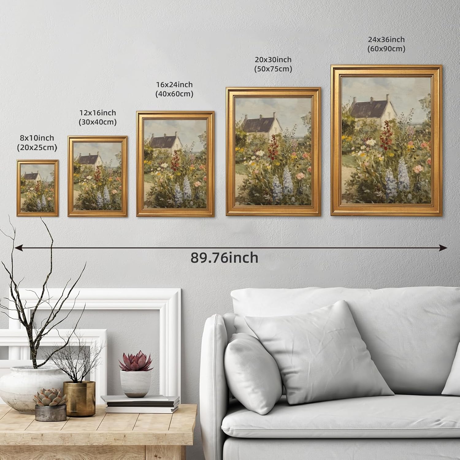 Gold Framed Vintage Cottage Garden Wall Art Prints Modern Spring Cottagecore Flower Field Landscape Oil Painting Rustic Country House Wildflowers Botanical Poster for Farmhouse Room 12x16inch