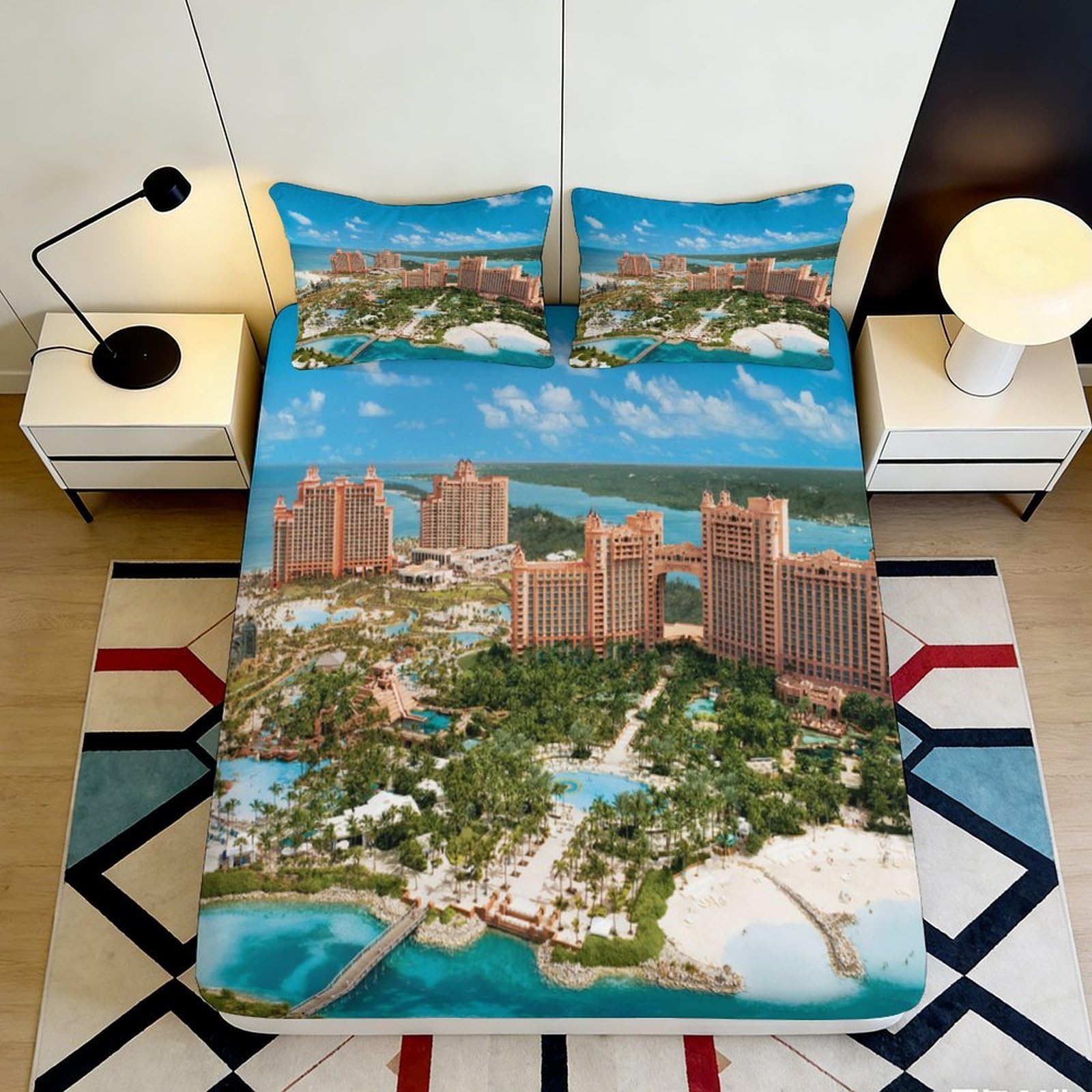 3D Printed Tropical Island Fitted Sheet Microfiber Soft Breathable Ocean View Bed Cover for Bedroom Dormitory Guest Room Mattress Protection Decor 90x200x25cm