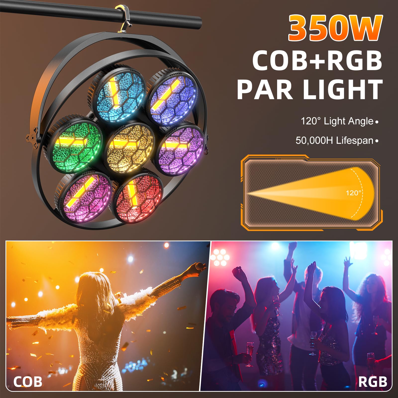 350W Par LED Scenico Lineare Vintage,7 LEDs COB Luce Calda + 189 LEDs RGB,Proiettore Luci da Palco Controllo DMX512,Illuminazione Discoteca per Feste Bar DJ Matrimonio Concerti Halloween Natale,2PCS
