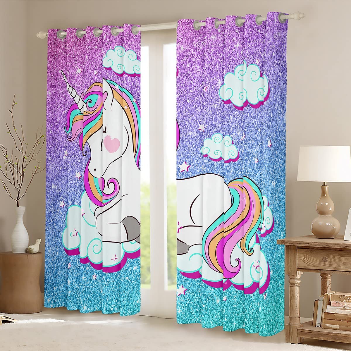 Loussiesd Mädchen Einhorn Vorhänge Mädchenhaft Glitzer Tier Dekor Fenstervorhang 245x140cm Pastell Regenbogen Verträumtes Pferd Blickdichte Vorhänge Rosa Blau Helles Schlafzimmer Dekor