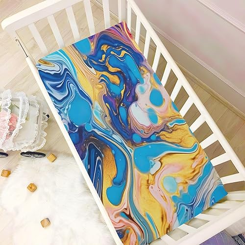Miniatura 6 de Kigai Sábana bajera ajustable para cuna para niños y niñas, sábana de punto de jersey de mármol azul dorado para colchones estándar de cuna y cama