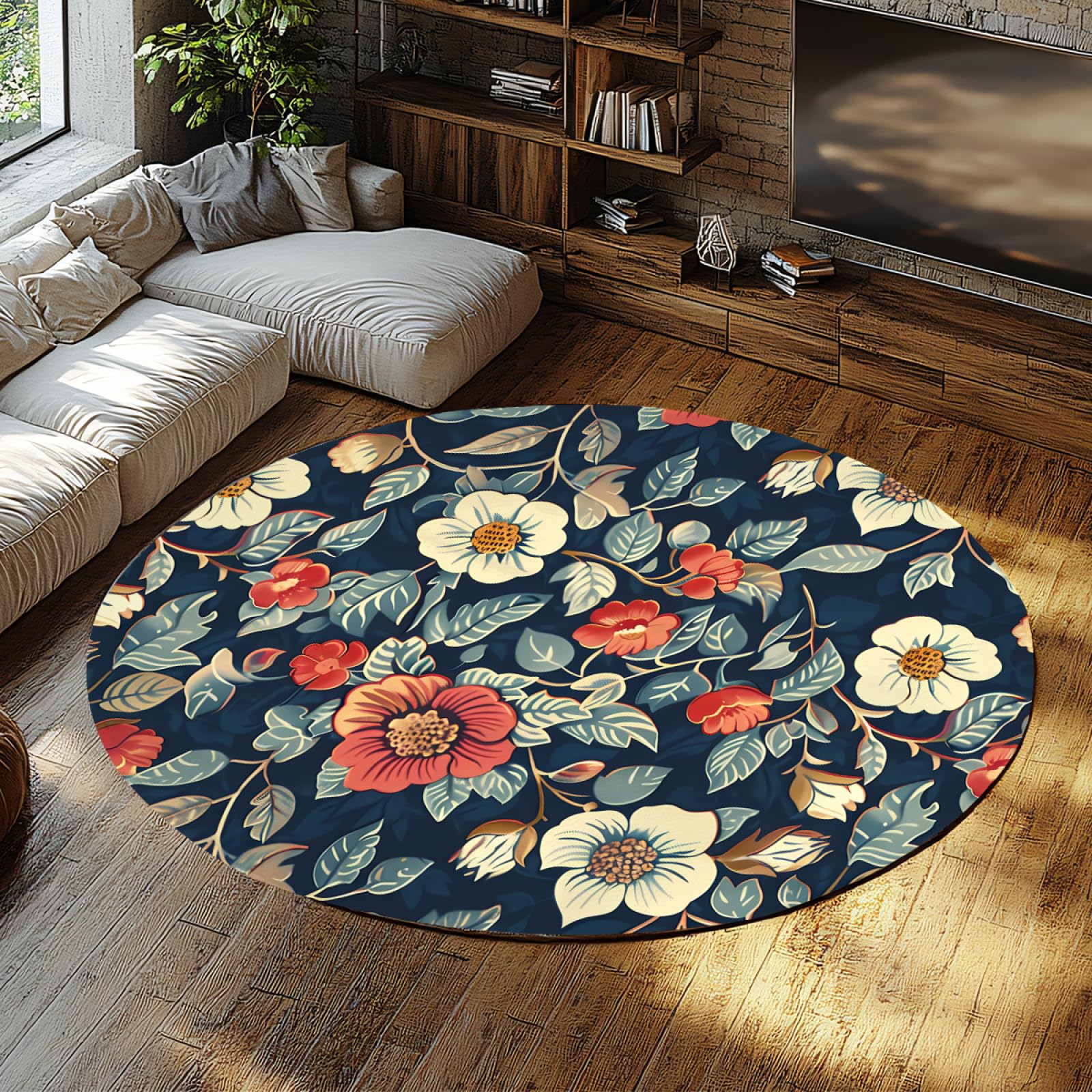 Tapis de chambre lavable rond 180cm floral style boho multicolore