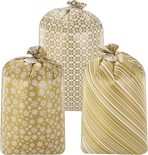 JOYIN 3 bolsas de regalo jumbo de 56 x 36 pulgadas, color dorado para Navidad, bolsa de regalo grande de plástico, decoraciones de Navidad, equipaje