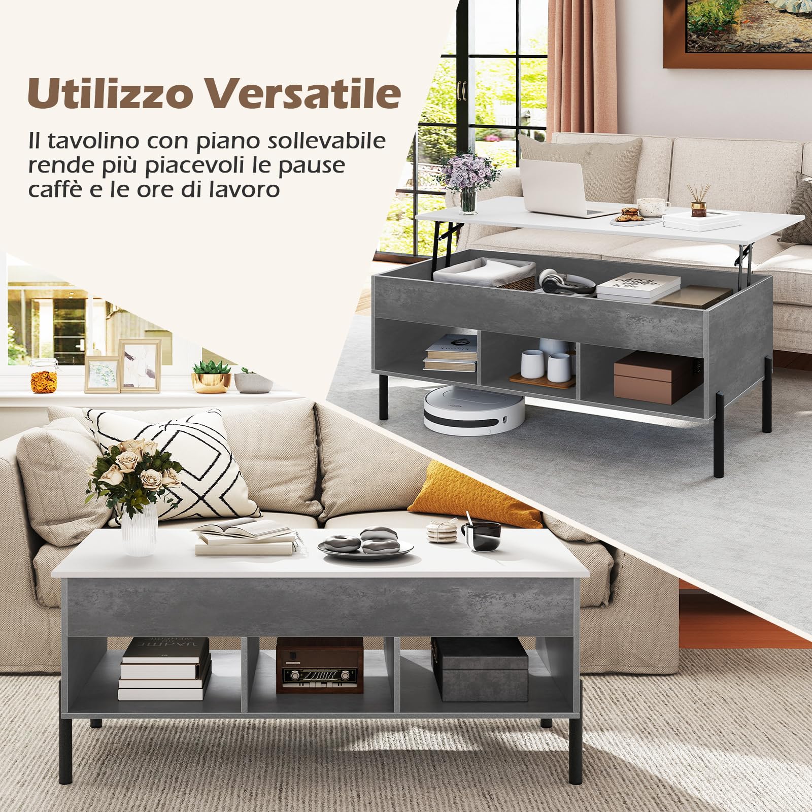 COSTWAY Tavolino da Caffè Sollevabile, Tavolo da Salotto con Piano Sollevabile, Ampio Comparto Nascosto, 3 Scomparti Aperti e Gambe in Metallo, Ideale per Salotto e Ufficio (Grigio)